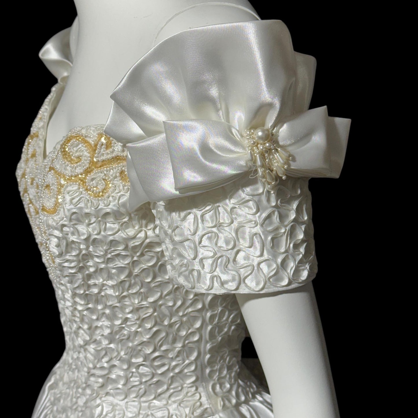 MIKE BENET, vintage 1980s evening dress, shiny white satin sequins prom wedding ball gown