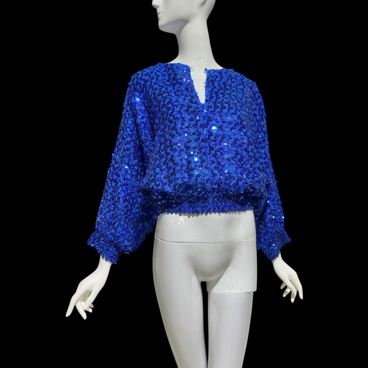MISTER JAY vintage 1970s sequin disco sweater, Royal blue knit batwing evening cropped top, stretchy