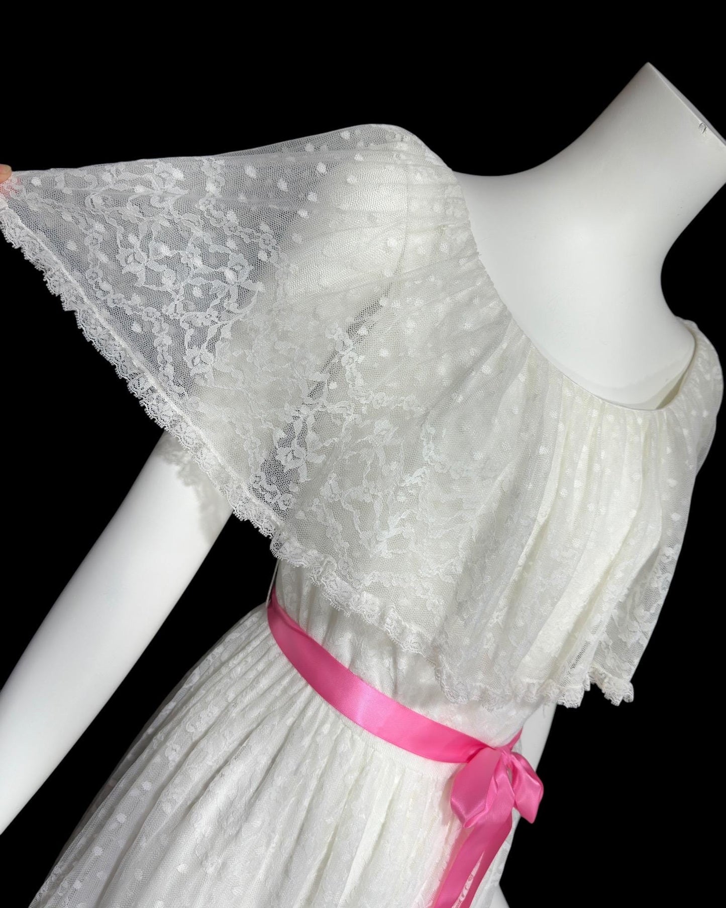 RICHILENE New York, vintage 1970s evening dress, white lace ruffle collar wedding gown