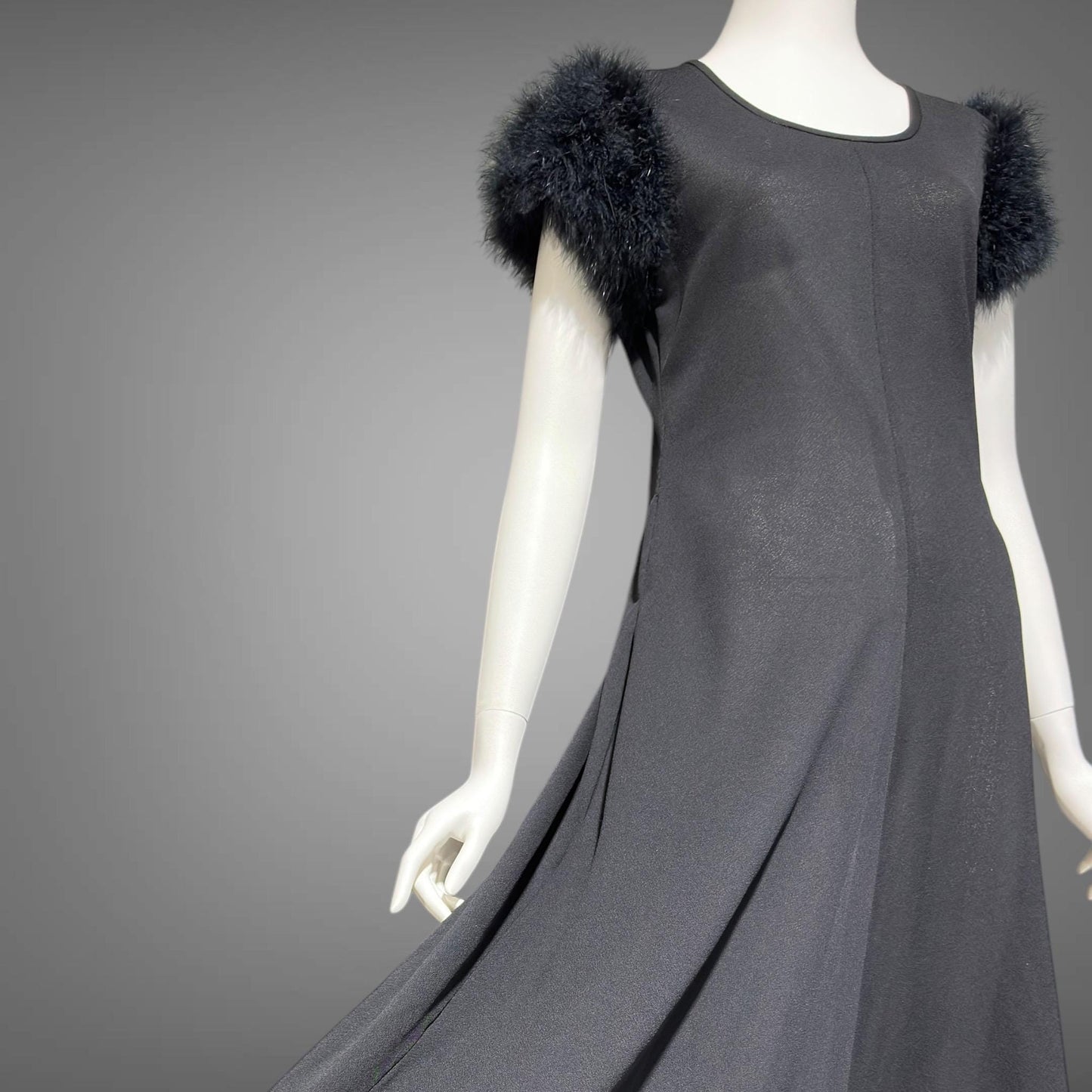 FIFTH AVENUE ROBES, vintage 1950s nightgown, black sheath evening gown with marabou sleeves, totally sheer house dress