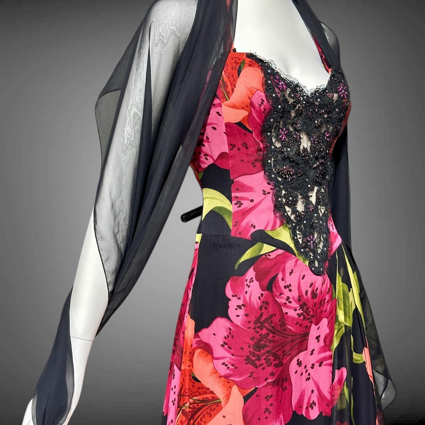 ROSE TAFT vintage 1990s evening dress gown, all silk pink and orange tiger lily floral chiffon halter gown