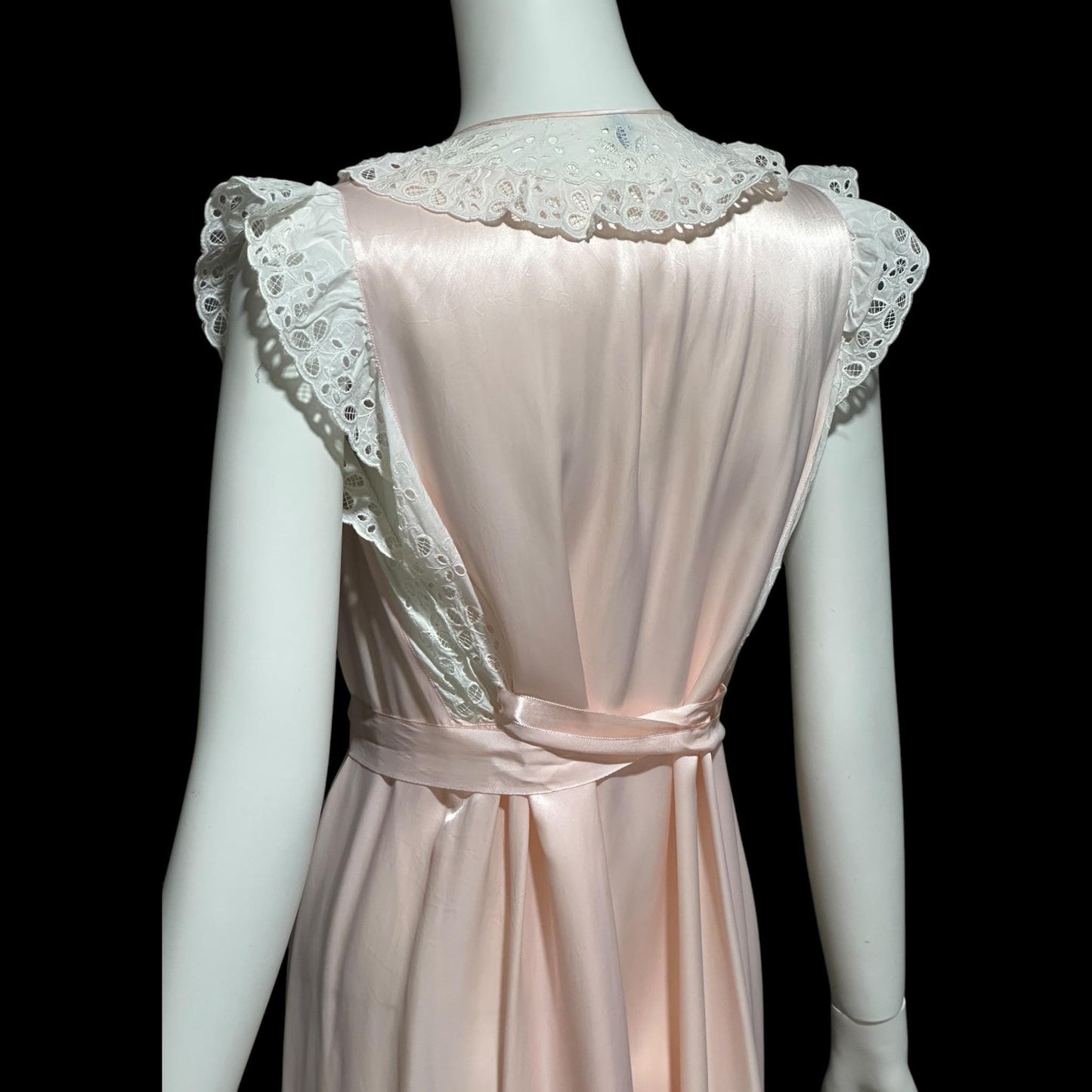 GODFRIED, vintage 1940s nightgown, Pink Bur-mil Rayon with white eyelet lace and waterfall back