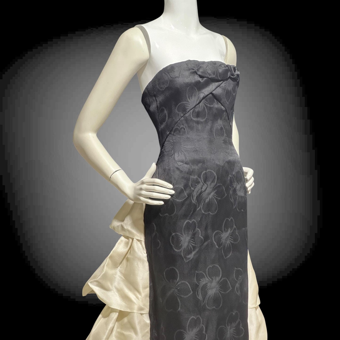 ARNOLD SCAASI vintage 1960s evening gown dress, black and white silk cascading ruffle gown