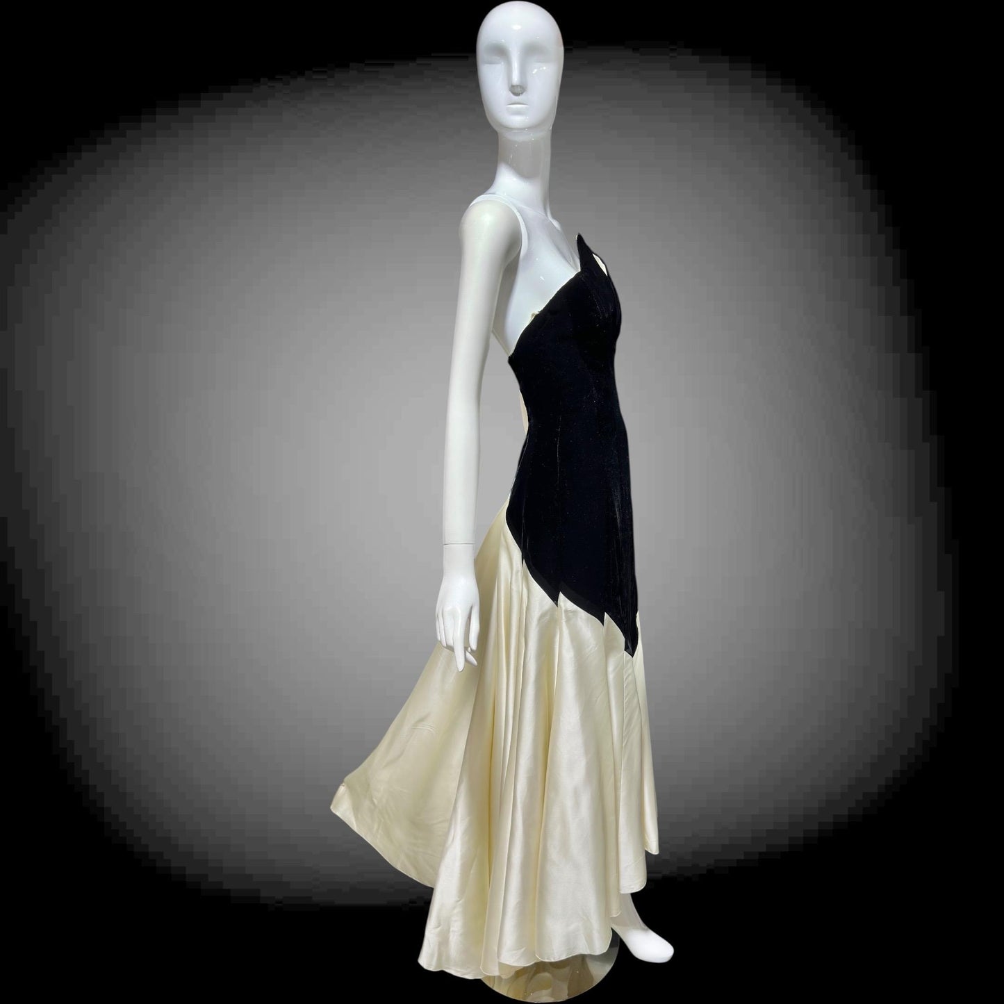 VICTOR COSTA vintage 1970s evening dress gown, Neiman Marcus, black velvet & white satin strapless mermaid gown