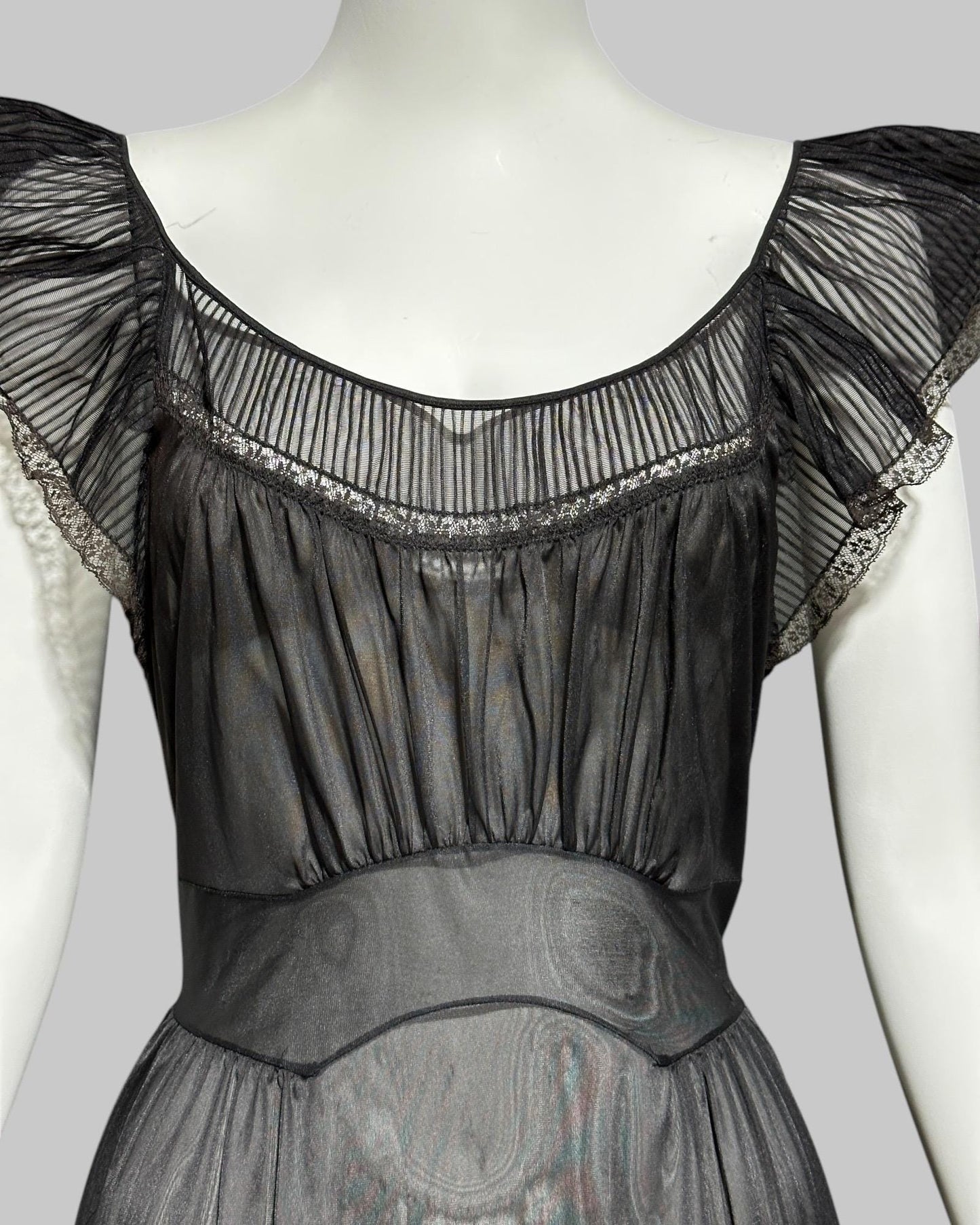KAYSER vintage 1950s nightgown slip dress, ethereal sheer black chiffon and lace micro pleat gown