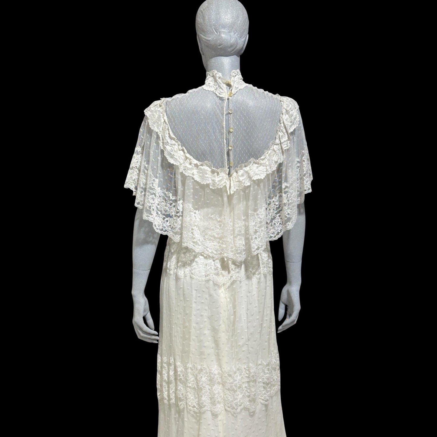 1970s vintage Wedding dress, Gunne Vibes, White lace ruffle collar gown, Victorian Hippie Bohemian dress