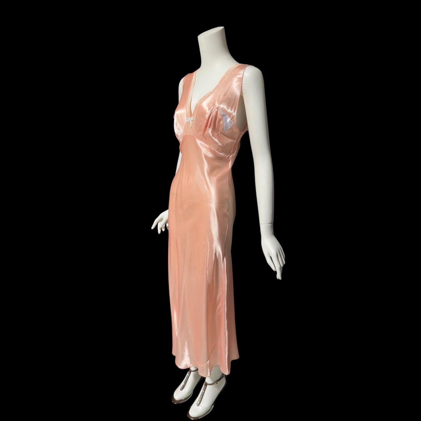 1940s vintage nightgown slip dress, Shiny dusty rose peachy pink bias cut slip dress, full length