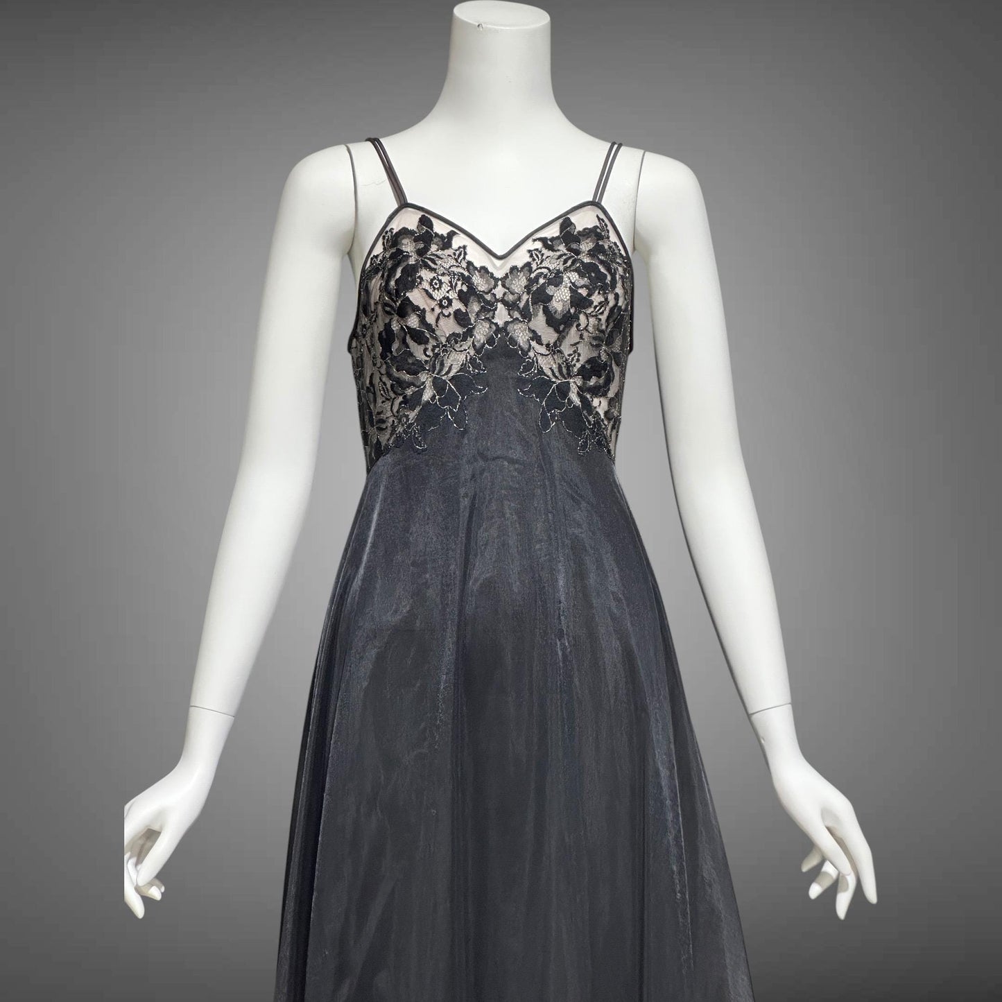 VANITY FAIR, vintage 1950s Nightgown Slip Dress, Dramatic black and silver double layer full sweep gown