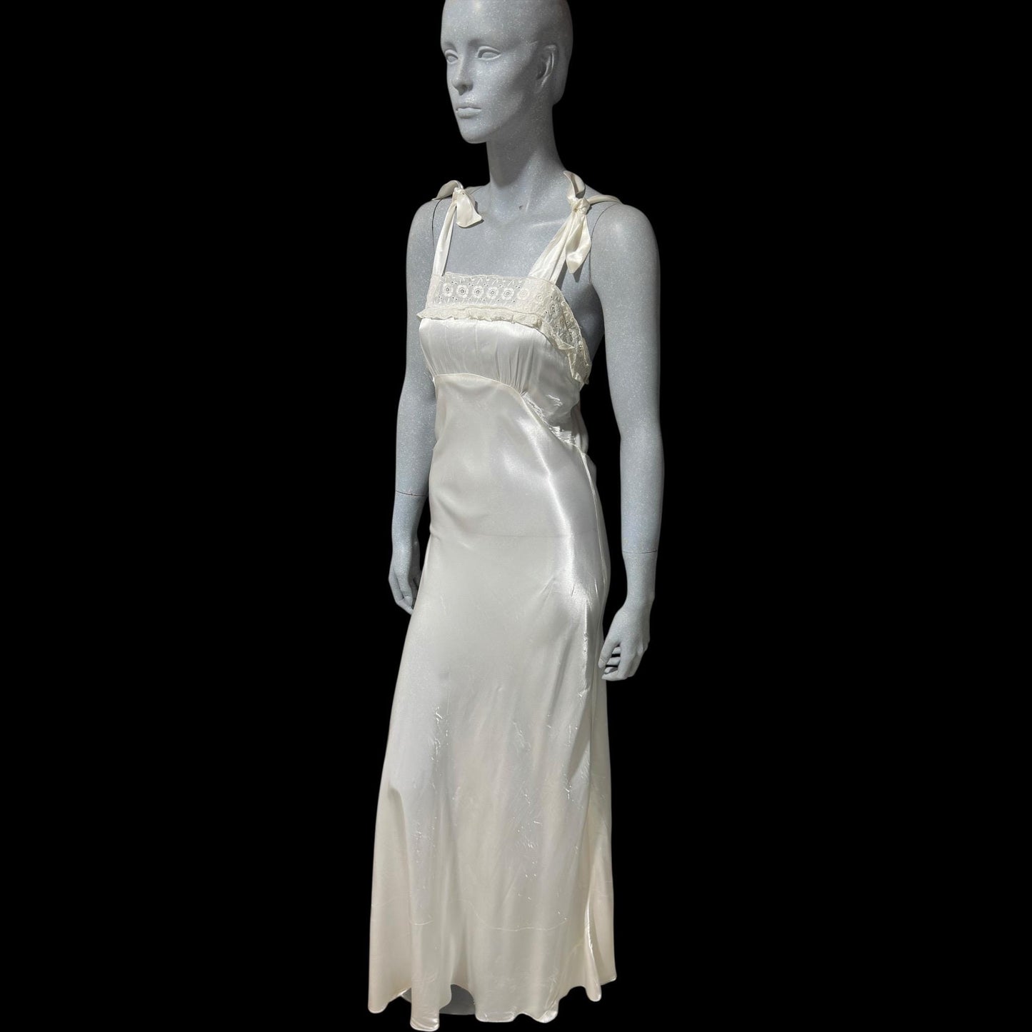 1940s vintage Nightgown slip dress, Shiny bias cut bridal white full length night dress