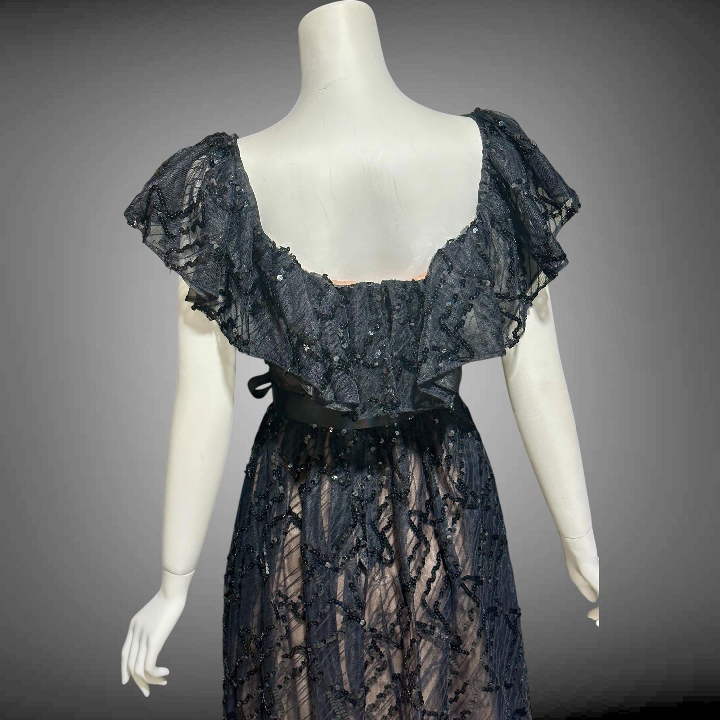 1970s vintage evening dress gown, black lace and sequin ruffled off the shoulder formal dress
