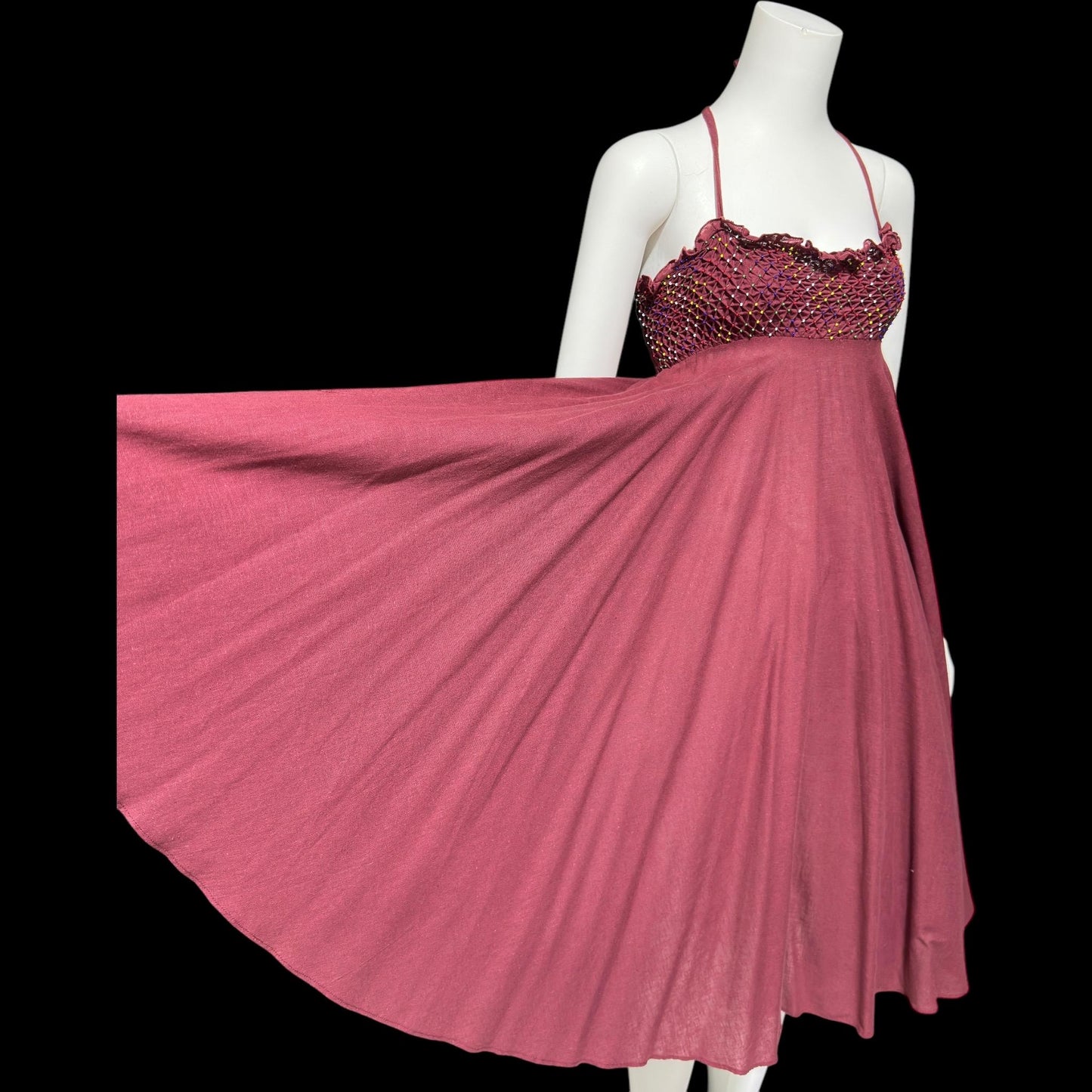 GUNN TRIGERE, vintage 1970s sundress, smocked and beaded cotton trapeze day dress, Hippie Boho beachwear