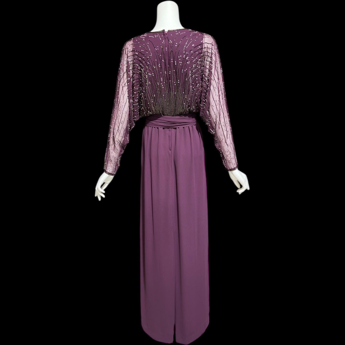 JACK BRYAN vintage evening dress gown, 1970s Aubergine Eggplant Purple chiffon beaded dolman sleeves, Deep V