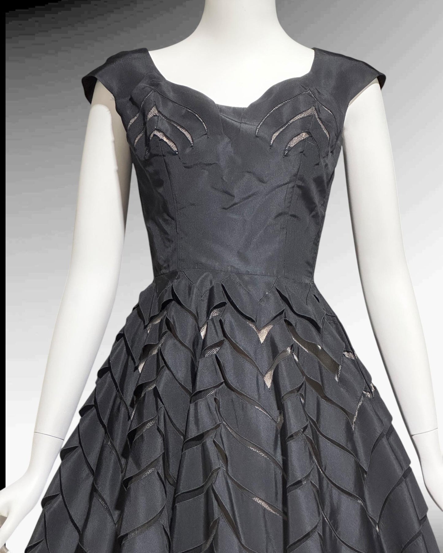 OLDRIC ROYCE, vintage 1950s dress, black cutout fit and flare cocktail party evening dress