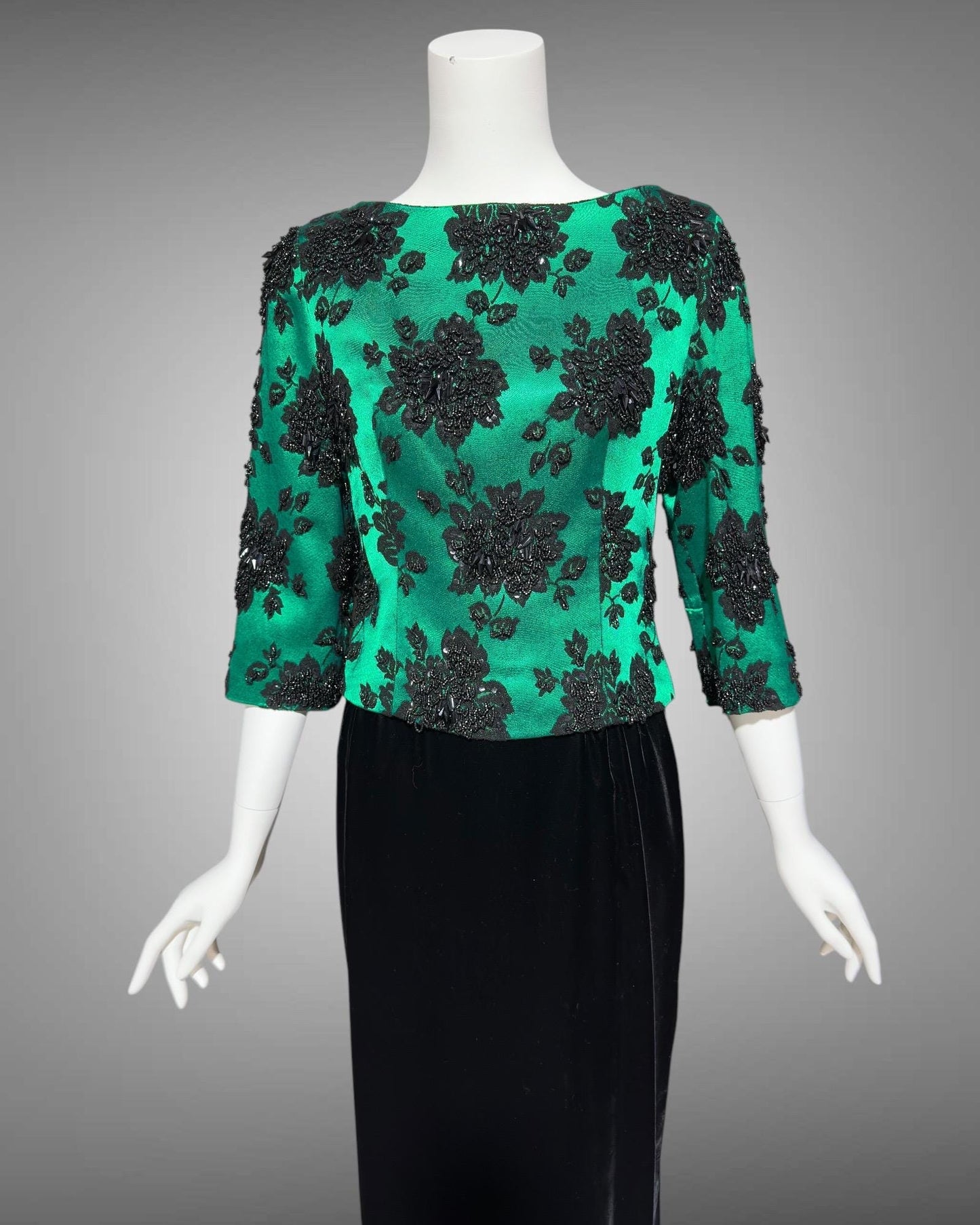 SAKS FIFTH AVE 1960s vintage evening dress, Beaded Black Velvet Green Satin 2 piece long dress