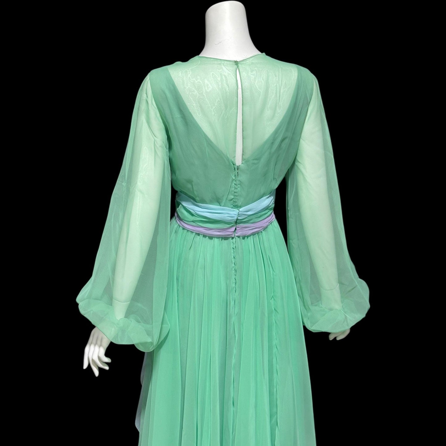 HELEN ROSE, vintage 1970s evening dress, ethereal pastel chiffon green, blue, lavender, sheer chiffon blouson bishop sleeves dress