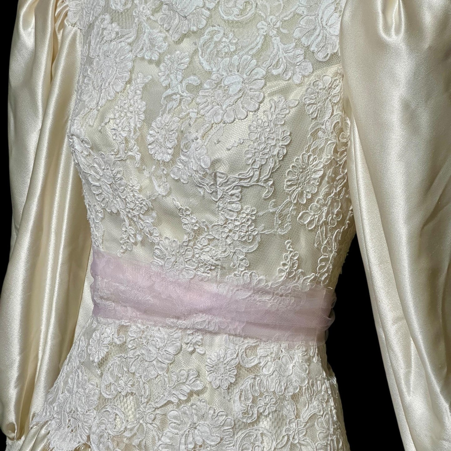 HOUSE of BIANCHI, vintage 1970s wedding dress, romantic boho white silk satin poet sleeve bridal gown