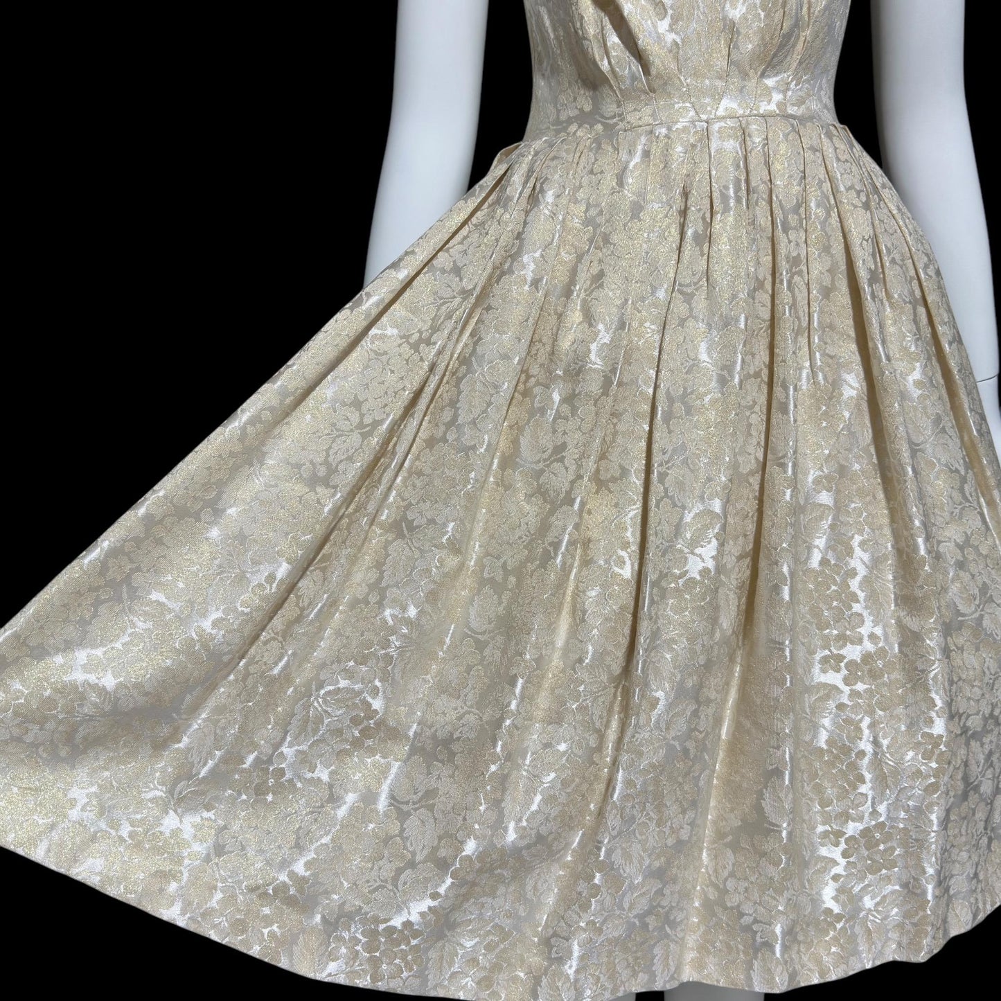ADORE by Doreen, vintage 1950s dress, shimmering damask cocktail party dress, fit flare pleated dress