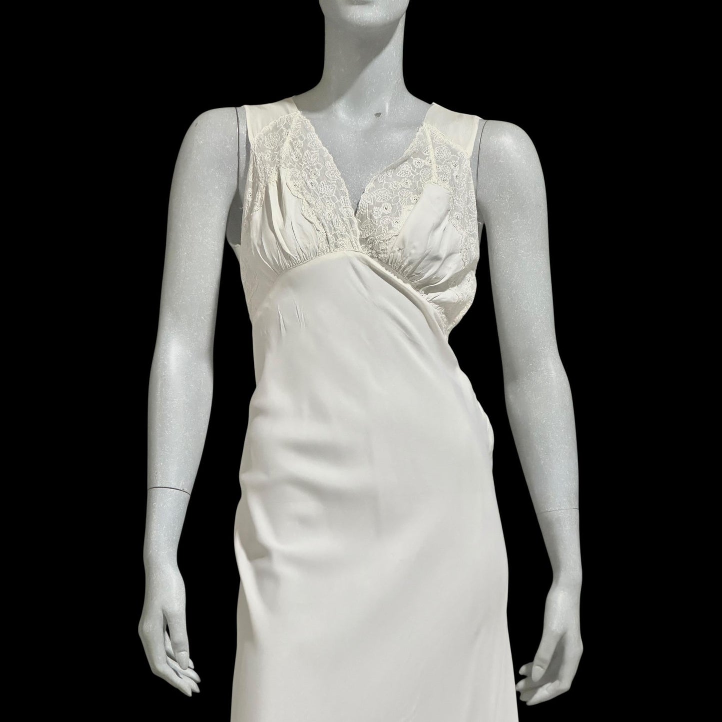 1930s vintage Nightgown slip dress, White rayon and lace bias cut night dress, full length with side snaps