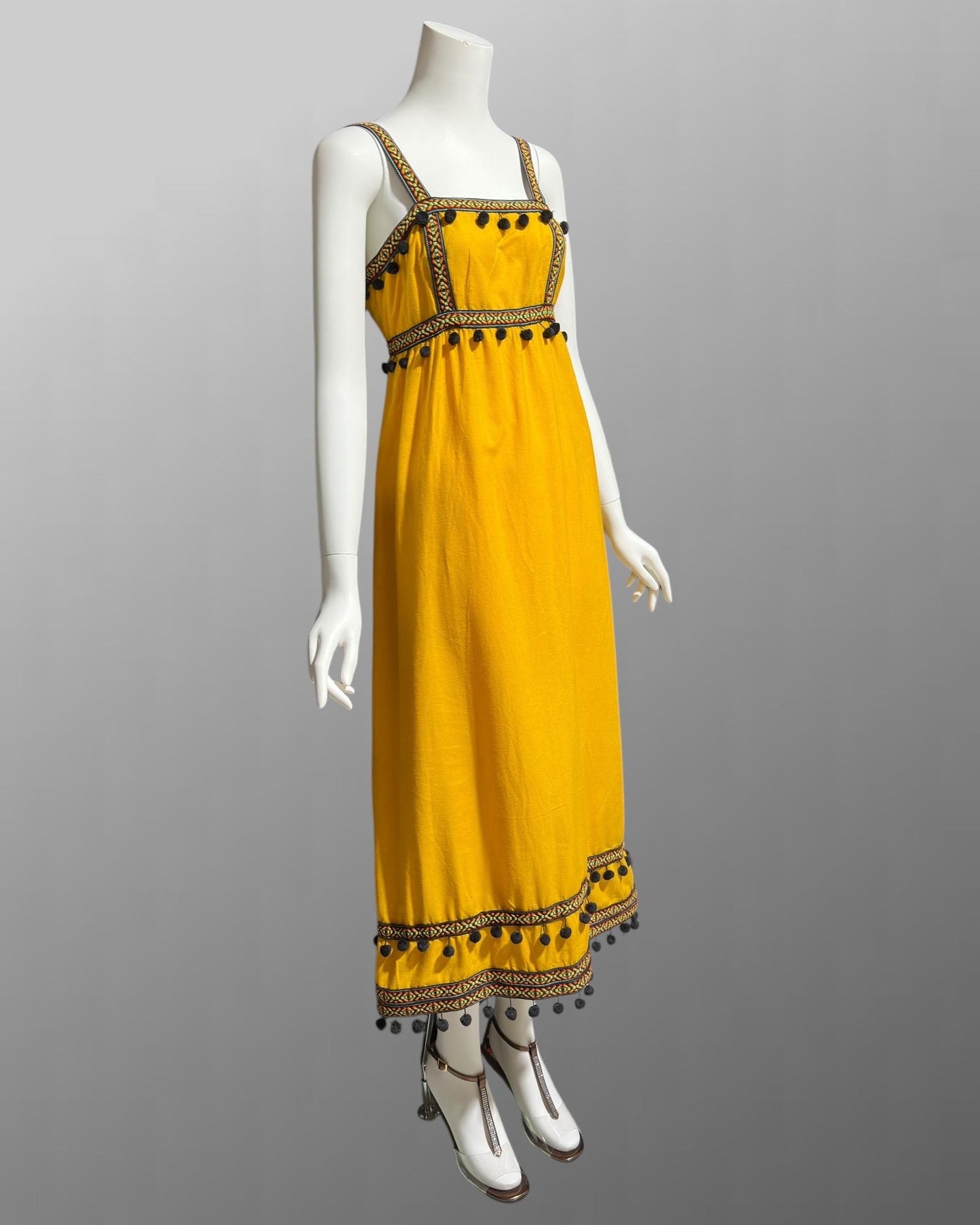 1970s vintage Mango Yellow Cotton Casual Sundress with Pom Poms
