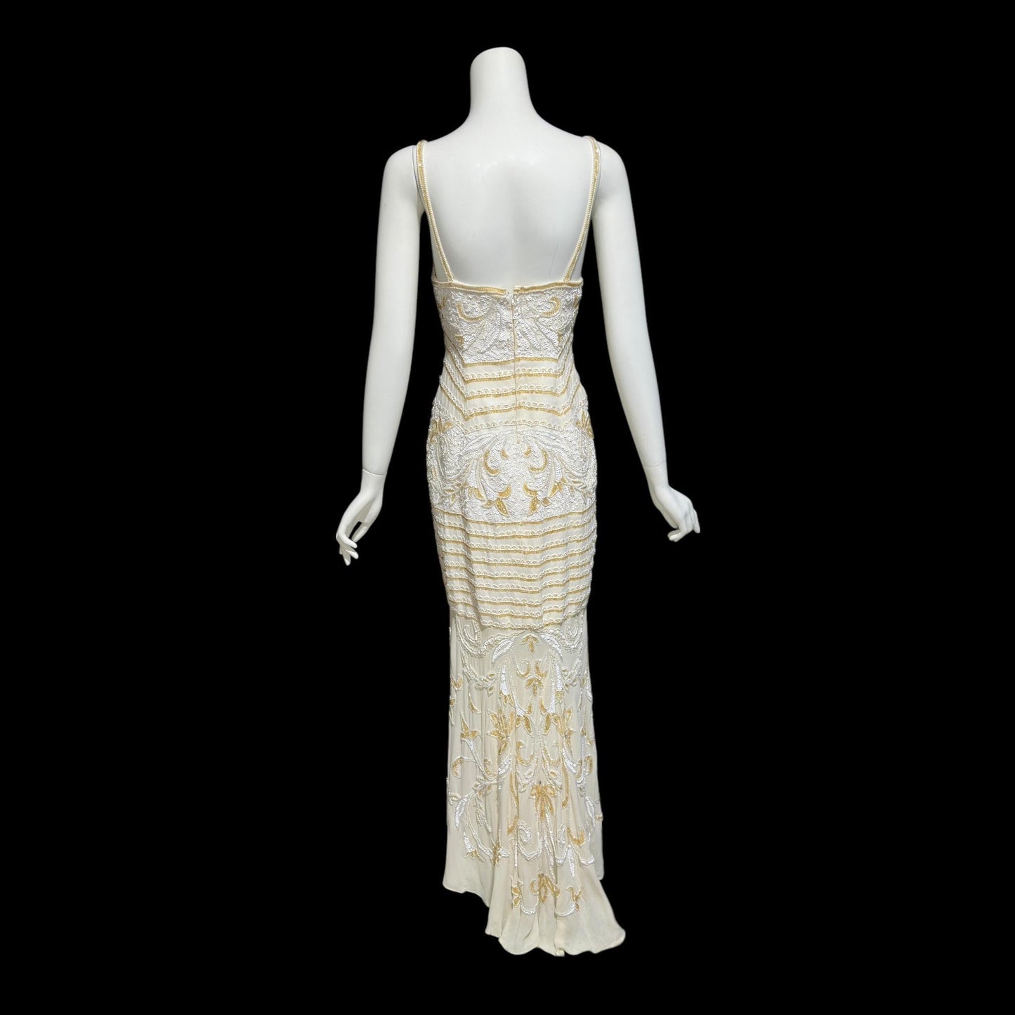 EVA HAYNAL FORSYTH, Vintage 1990s evening wedding dress, off white beaded sequins mermaid sheath slip dress gown