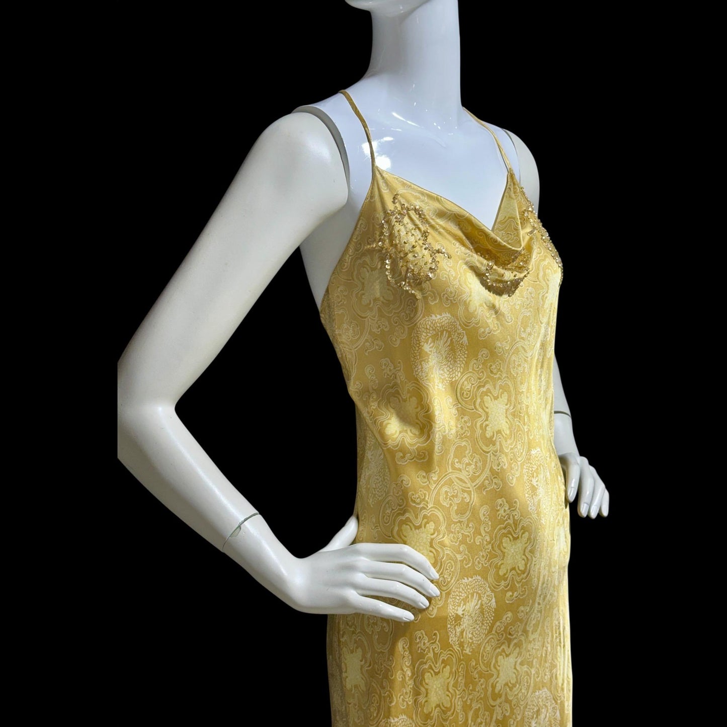 JOSIE NATORI, vintage Y2K nightgown slip dress, gold asian motif silk bias cut sequin sheath