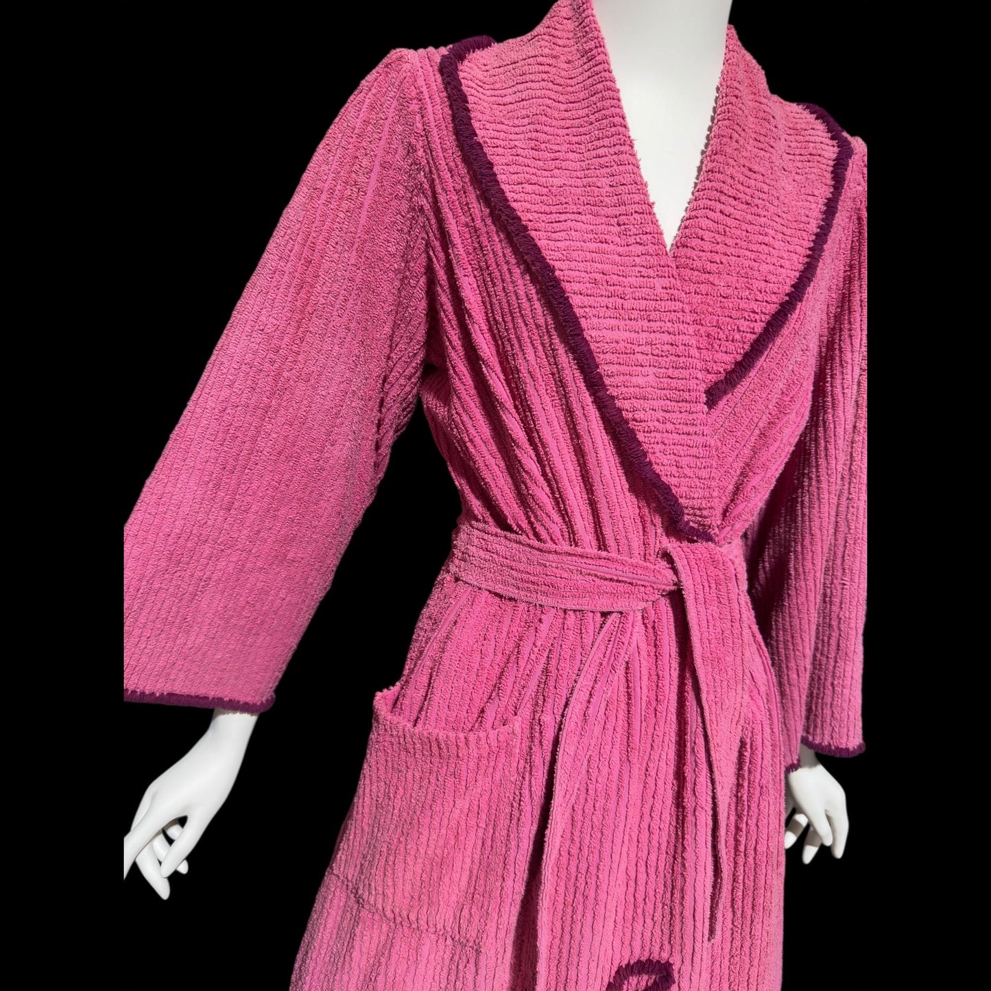 1940s vintage dressing gown robe, Raspberry Pink cotton chenille wrap front housecoat, full length hostess dress, Embroidered
