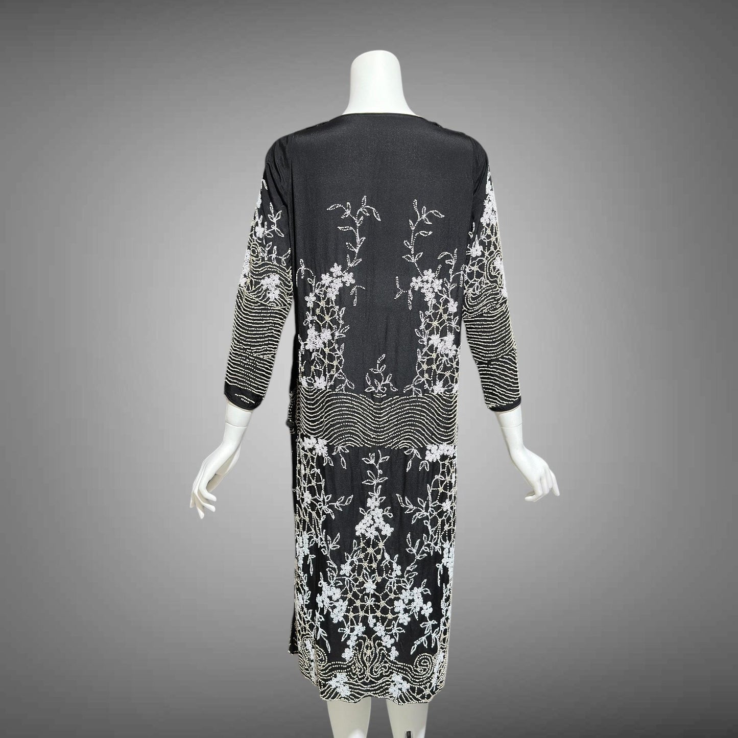 HOUSE OF ADAIR, vintage 1920s dress, black and white shift beaded flapper dress, heavy beading