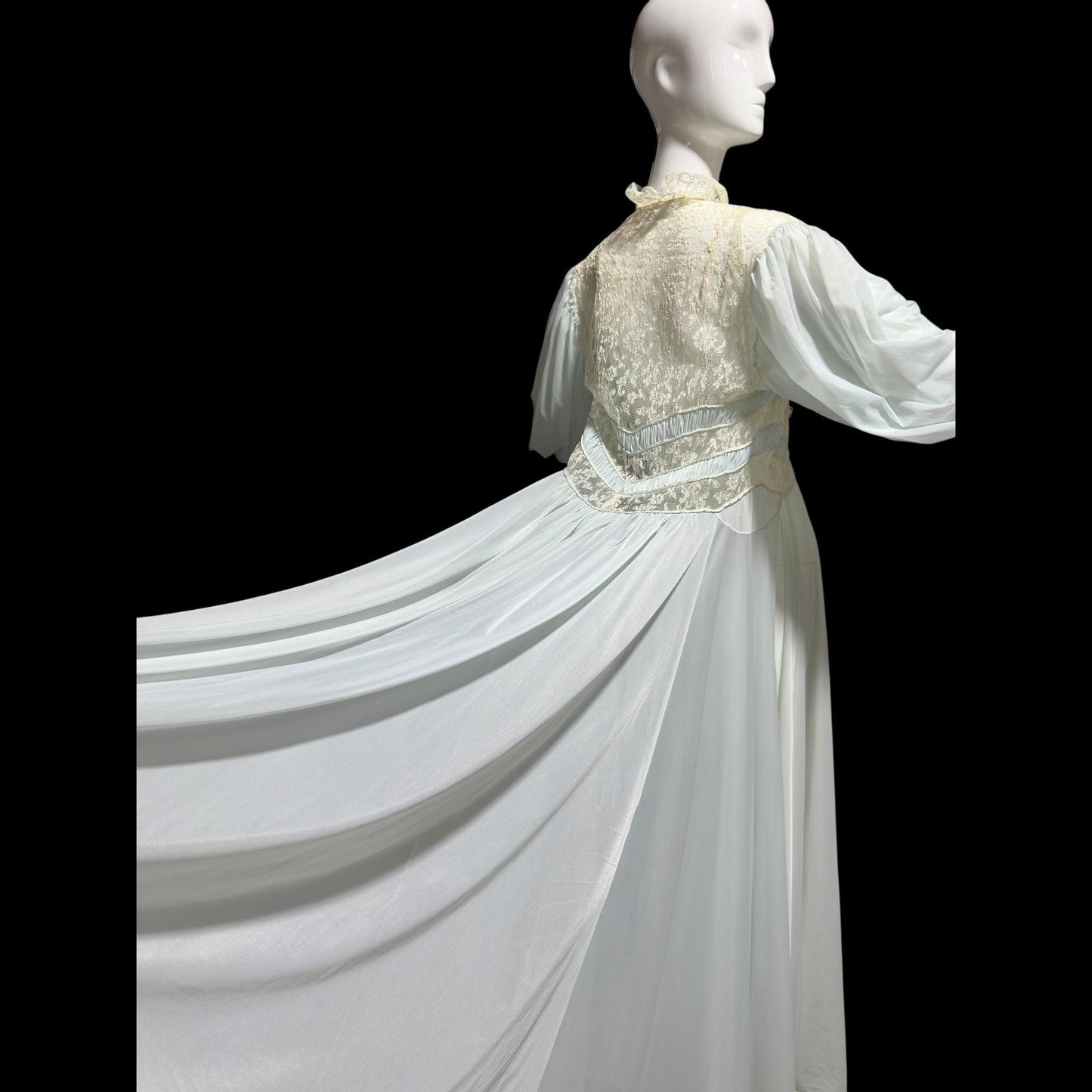 1930s Vintage nightgown robe set, sheer and ethereal blue nylon and white lace slip dress and peignoir set