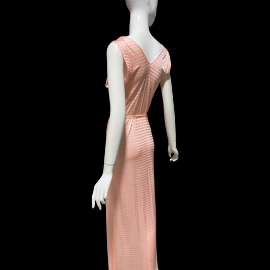 LORRAINE vintage 1940s nightgown slip dress, Shiny peachy pink bias cut slip dress, full length