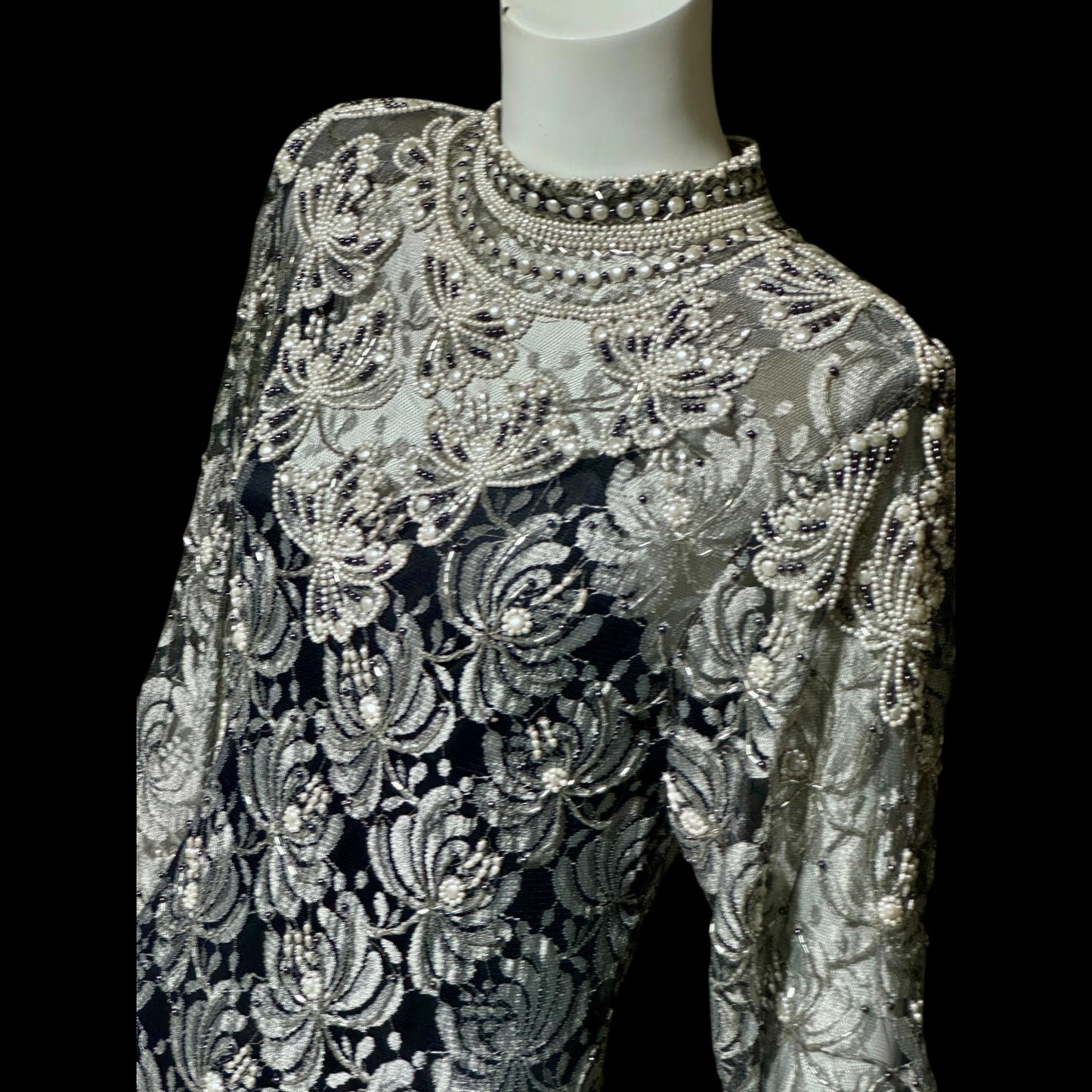JUDITH ANN, Vintage 1980s sheer beaded dress, Black sheer mesh with beads, Hight neck with ruffle sheath cocktail party dress