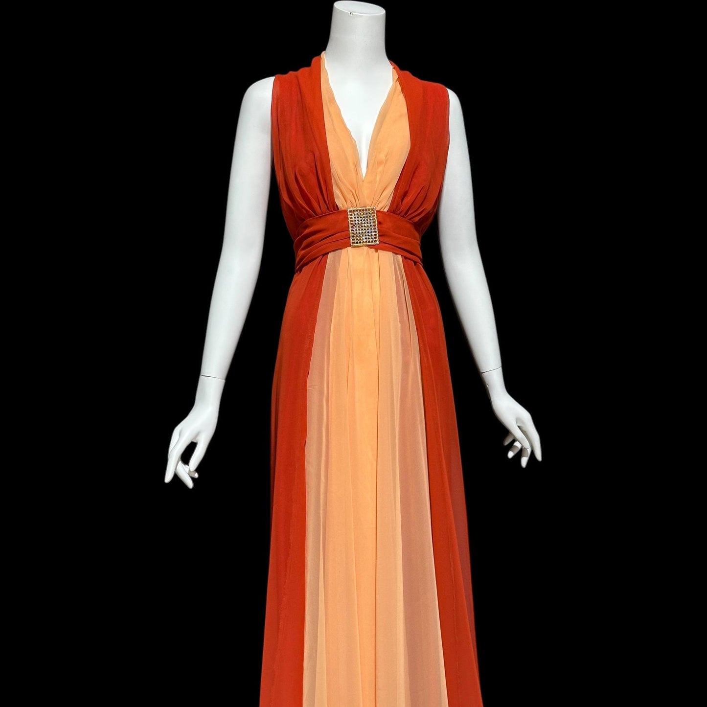 EMMA DOMB, vintage 1970s evening dress, rust and peach chiffon gown