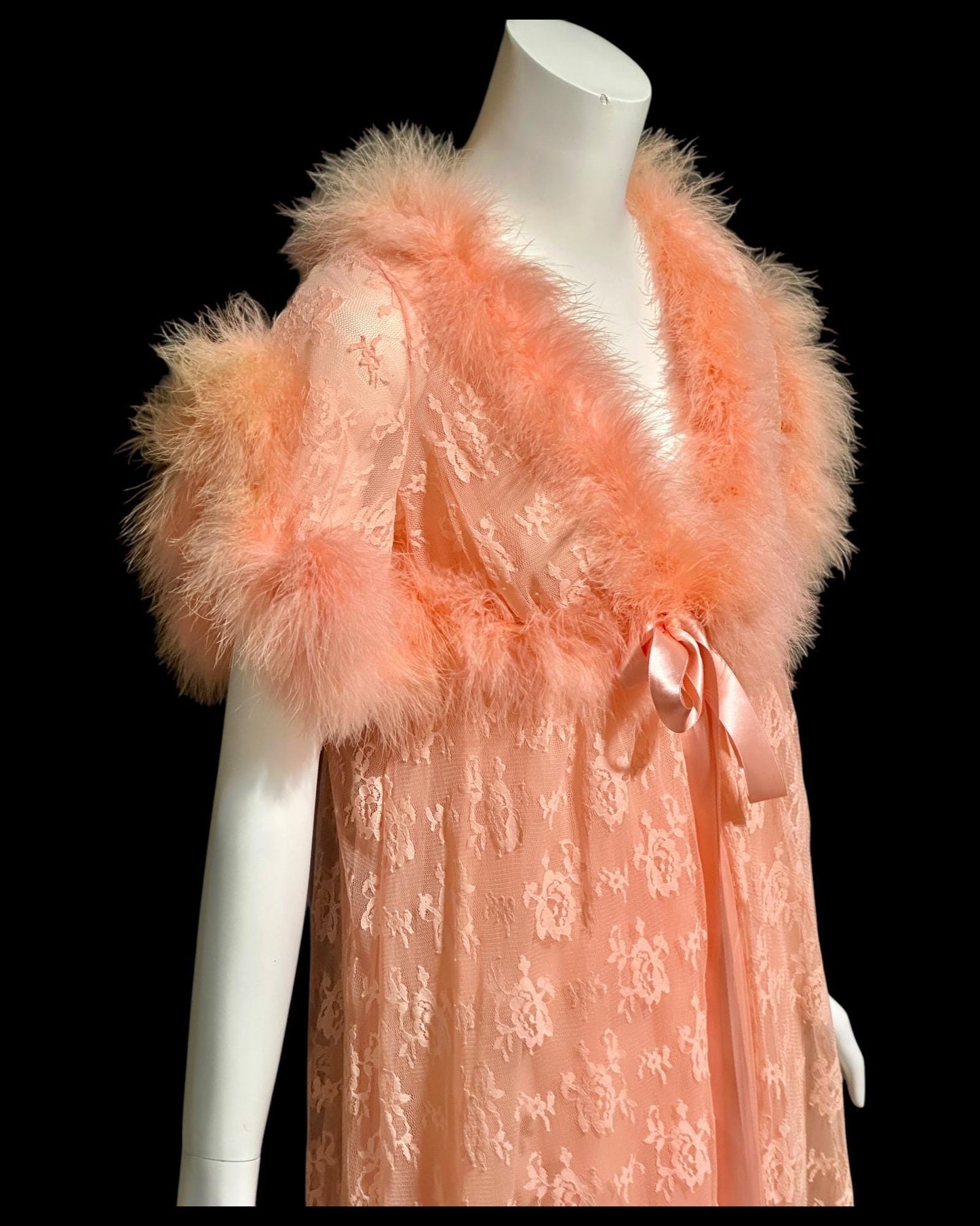 JENELLE vintage nightgown robe set, 1960s Orange Sherbet double layer chiffon peignoir set, Marabou feathers