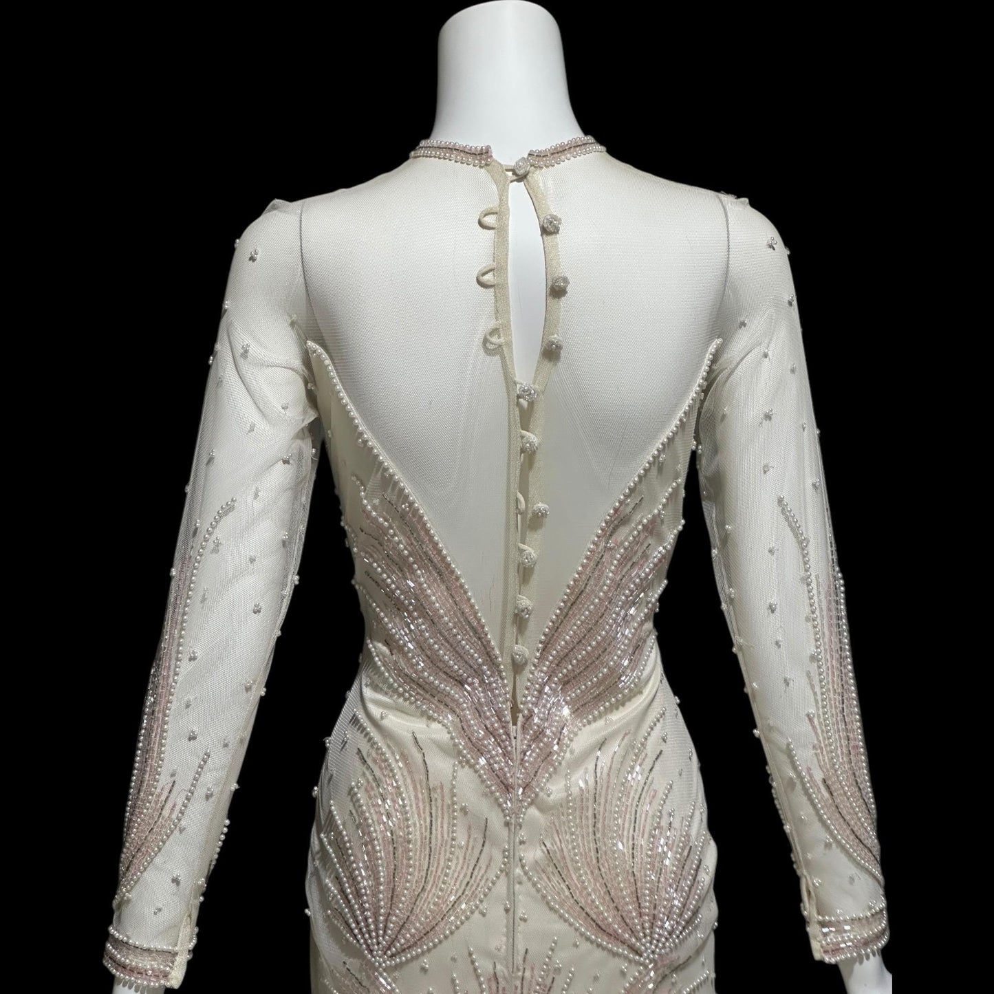 CARLOTA ALFARO, vintage 1980s evening gown, White pink beaded mermaid dress, ruffled bottom, illusion neckline