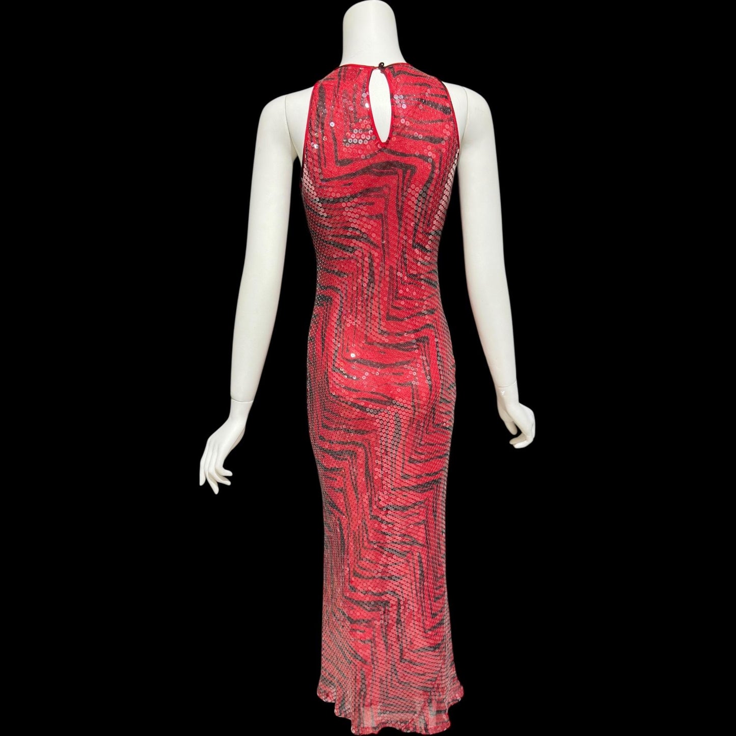 CHETTA B, vintage 1990s evening dress, Bias cut Bodycon red black tiger stripe print sheath slip maxi silk sequin gown