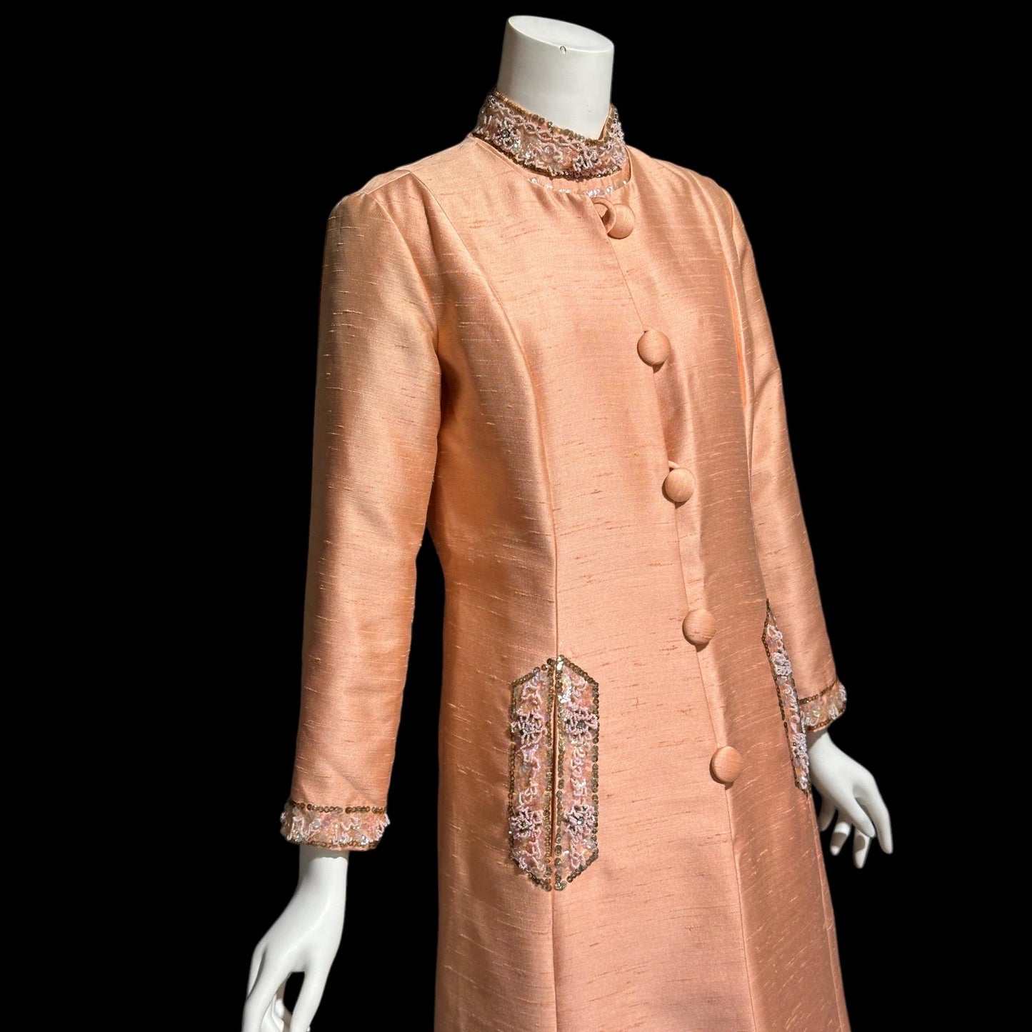 SMART MISS Vintage 1960s evening gown and opera coat ensemble, Peach raw silk high neck beaded mod column dress and duster