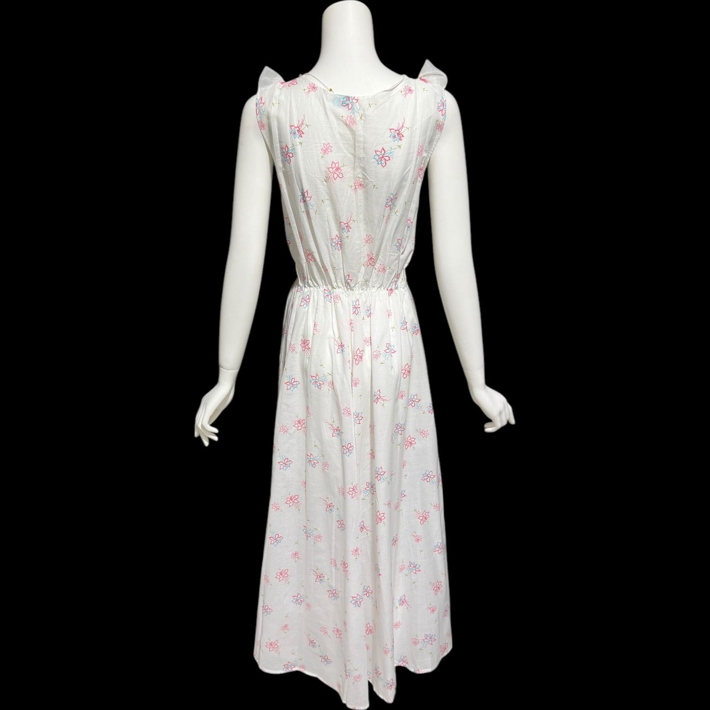 PHIL-MAID, vintage 1940s nightgown, pink blue white floral cone-bell combed cotton house dress, New Old stock