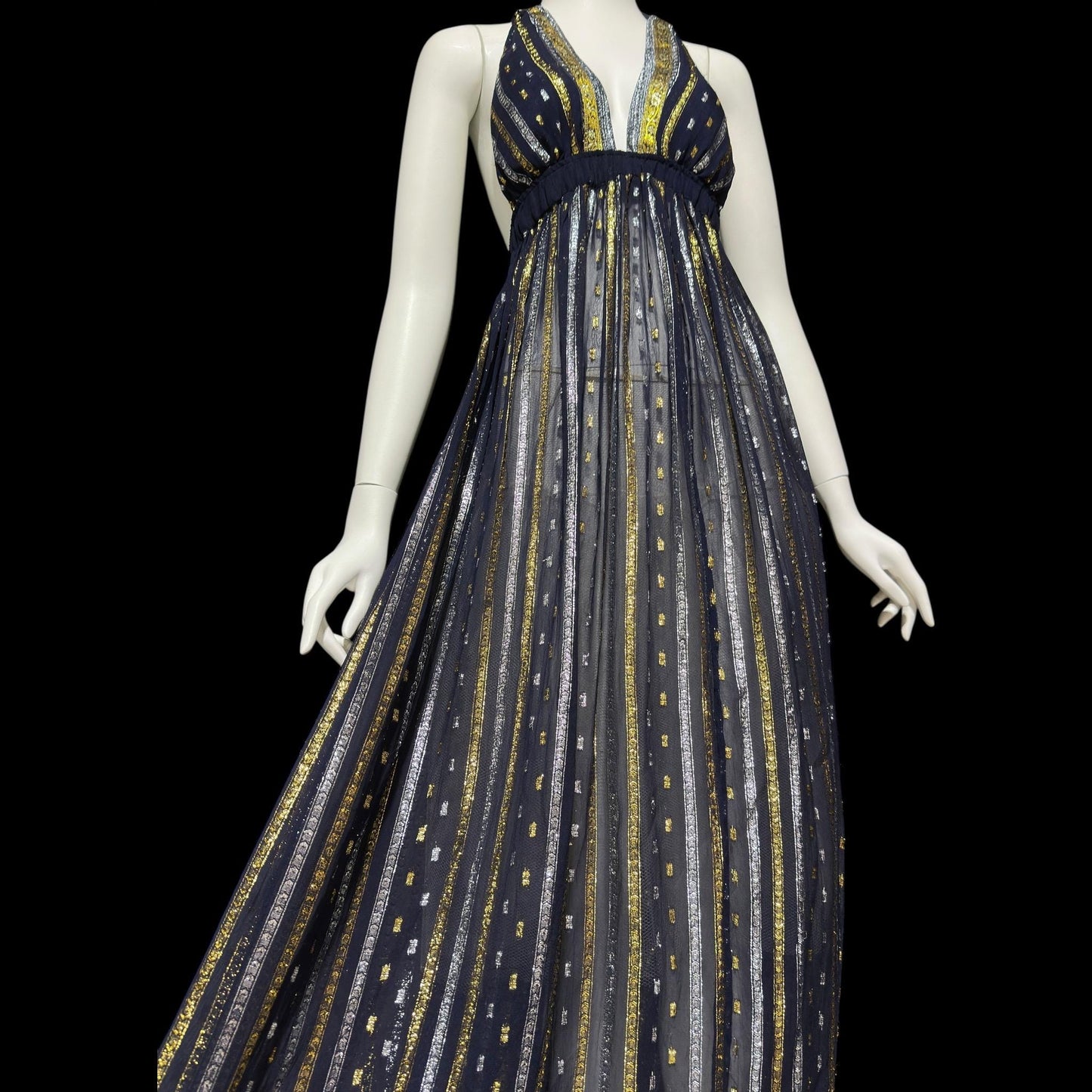 1970s Vintage Disco Diva evening party dress, sheer nylon and metallic halter gown, studio 54 disco