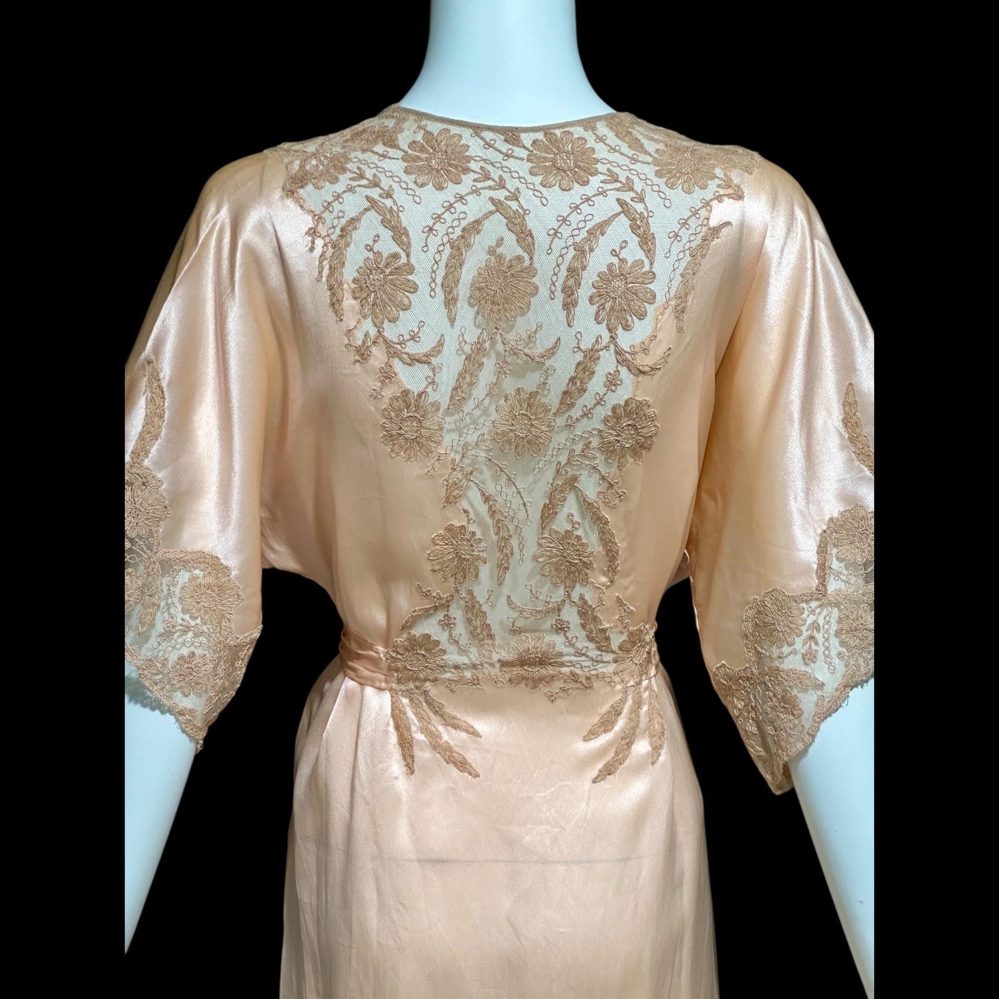 1930s vintage dressing gown robe, Shimmering Peach silk with amazing lace, wrap front house coat