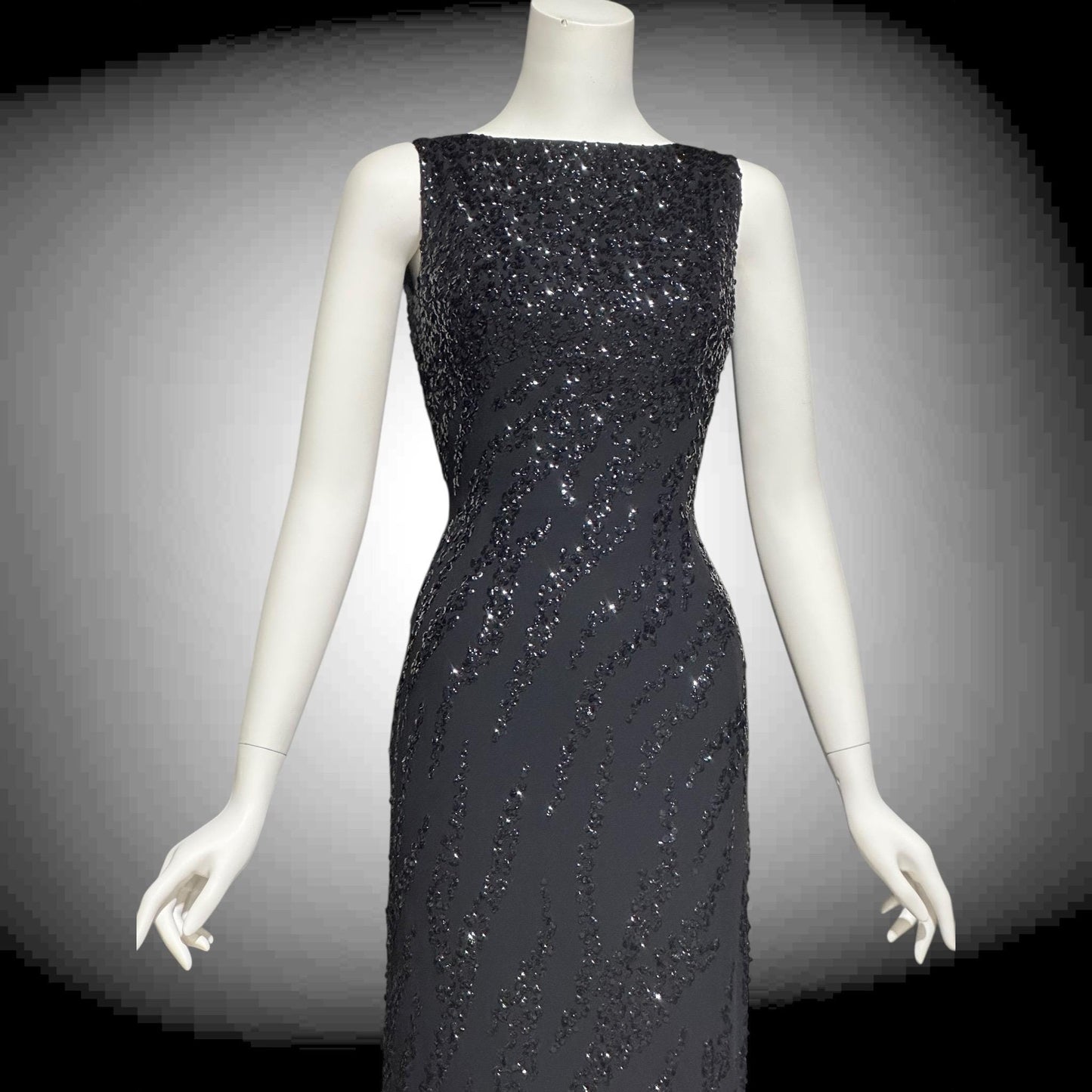 FRANK STARR Vintage 1960s evening gown dress, Lord & Taylor, black sequin sheath evening gown