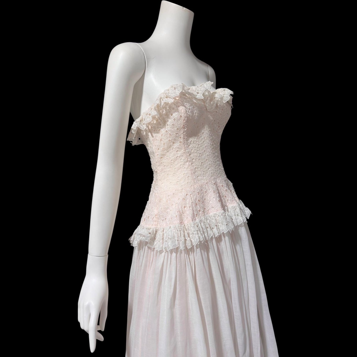 1940s vintage dress gown, soft petal pink and white cotton eyelet, with white organdy evening wedding gown