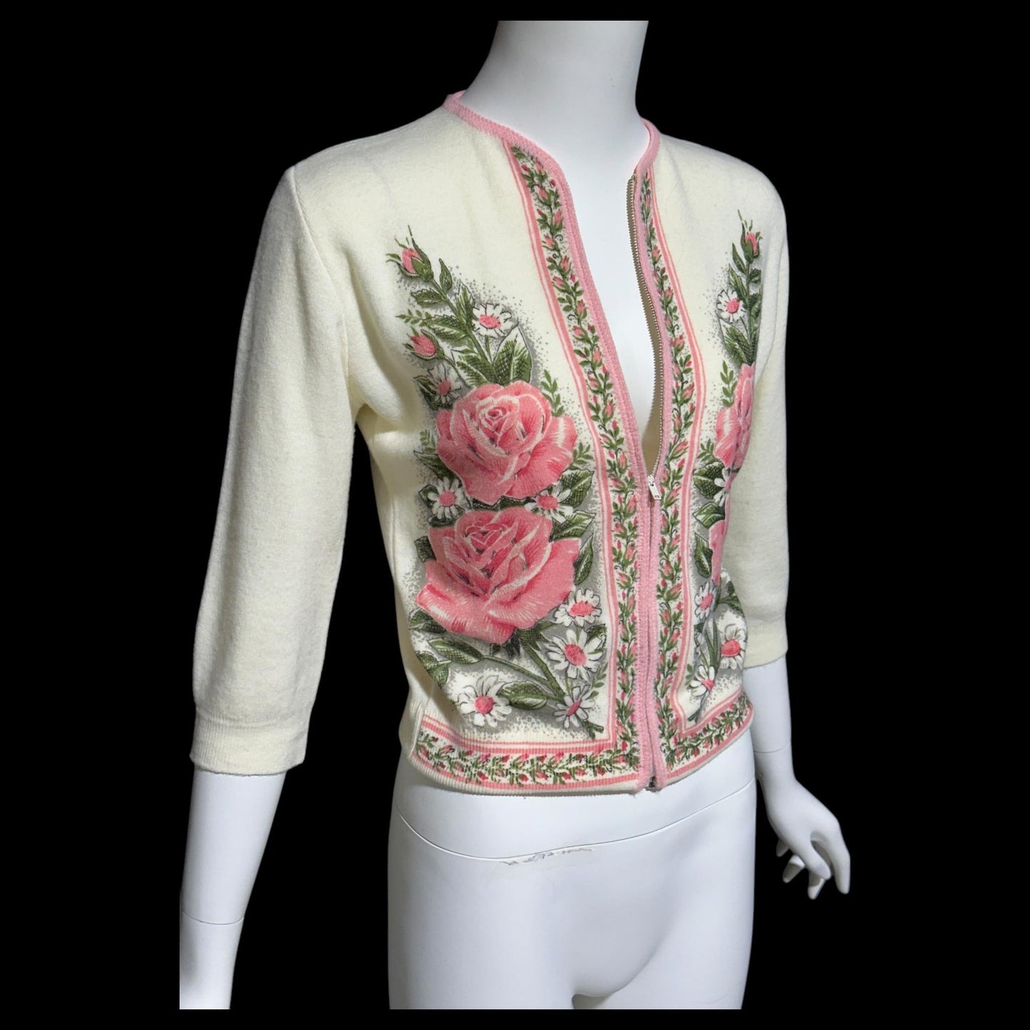BERNICE CREATIONS, vintage 1950s cardigan, cream and pink rose print acrylic zip front sweater