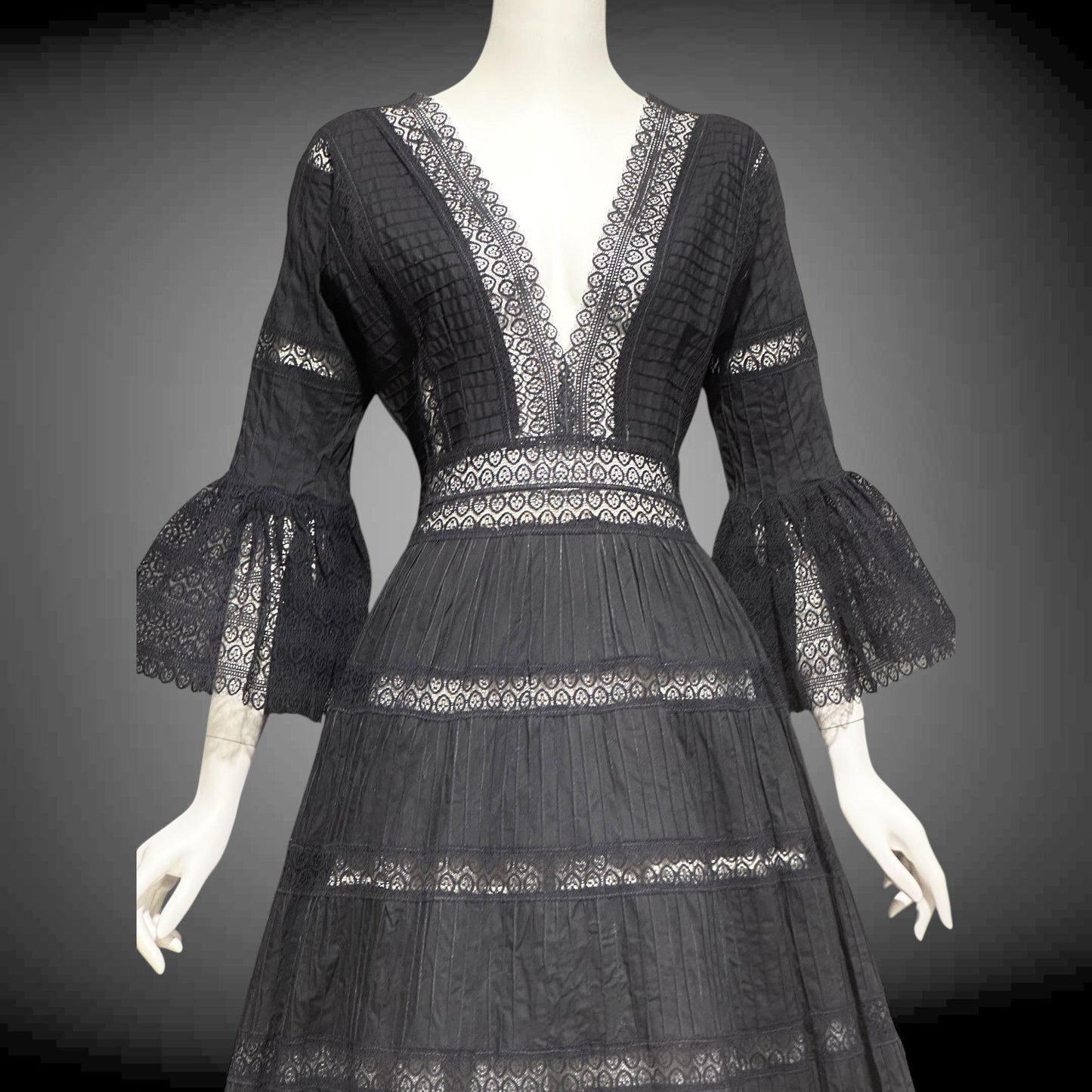 1970s vintage Mexican Wedding dress, Black cotton blend Deep V ball gown, long bell Sleeves, Maxi Hippie Bohemian gown