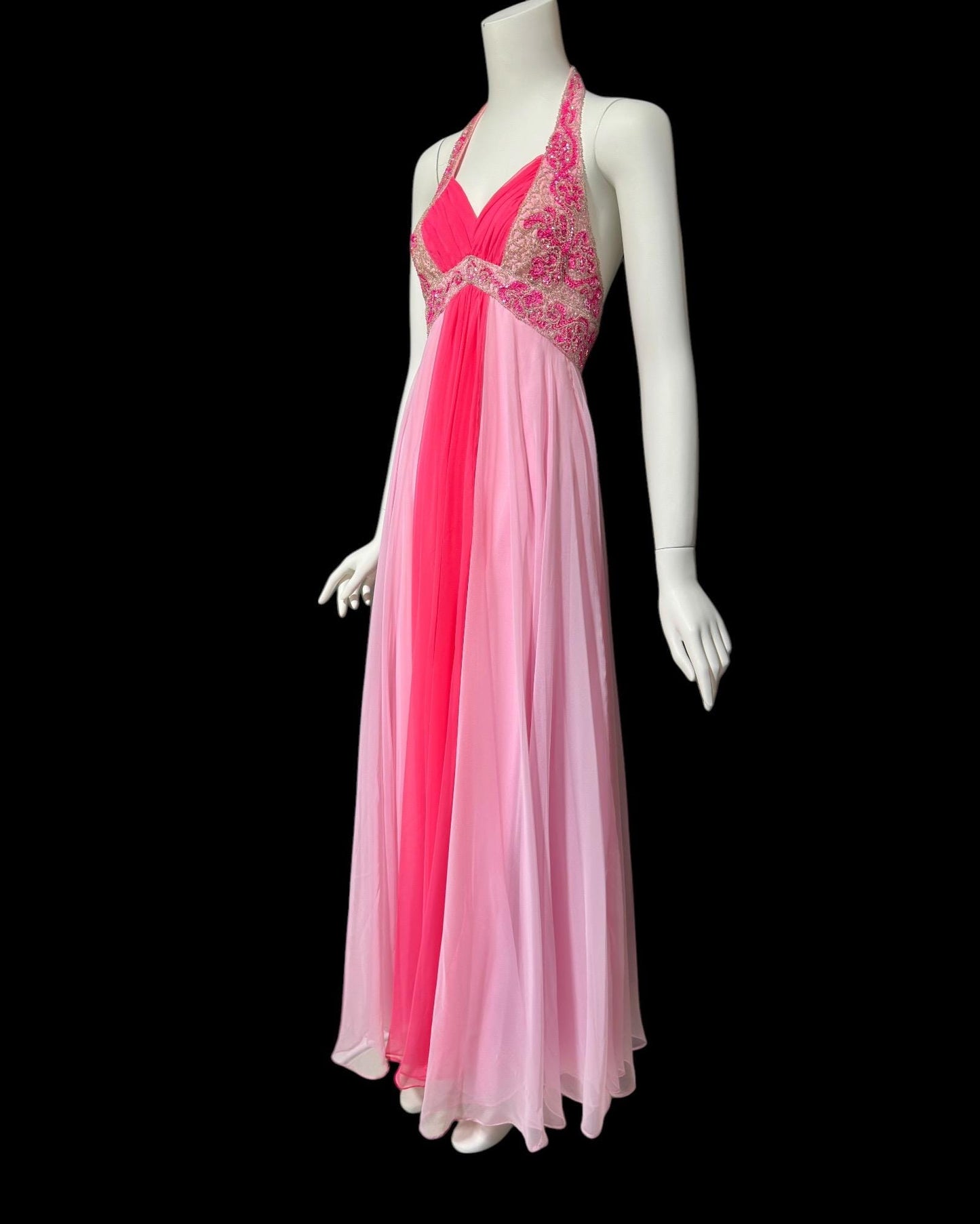 MIKE BENET evening prom dress, 1960s vintage pink chiffon beaded halter evening ball gown