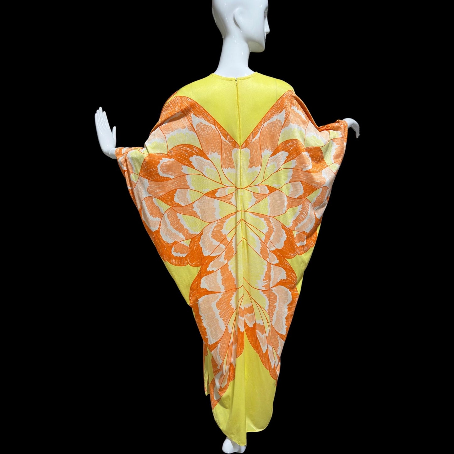 1970s Vintage butterfly caftan dress, Yellow and orange nylon butterfly motif loose house party dress