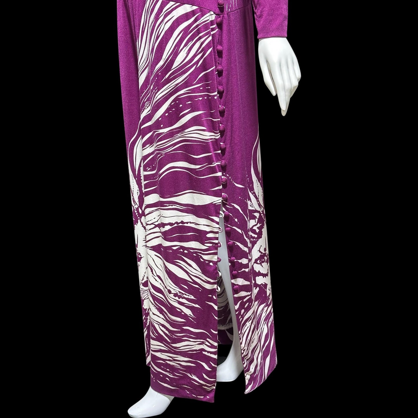 PAGANNE GENE BERK, vintage 1970s Maxi Dress, Purple white Lion face jersey knit evening dress, Stretchy, medium large