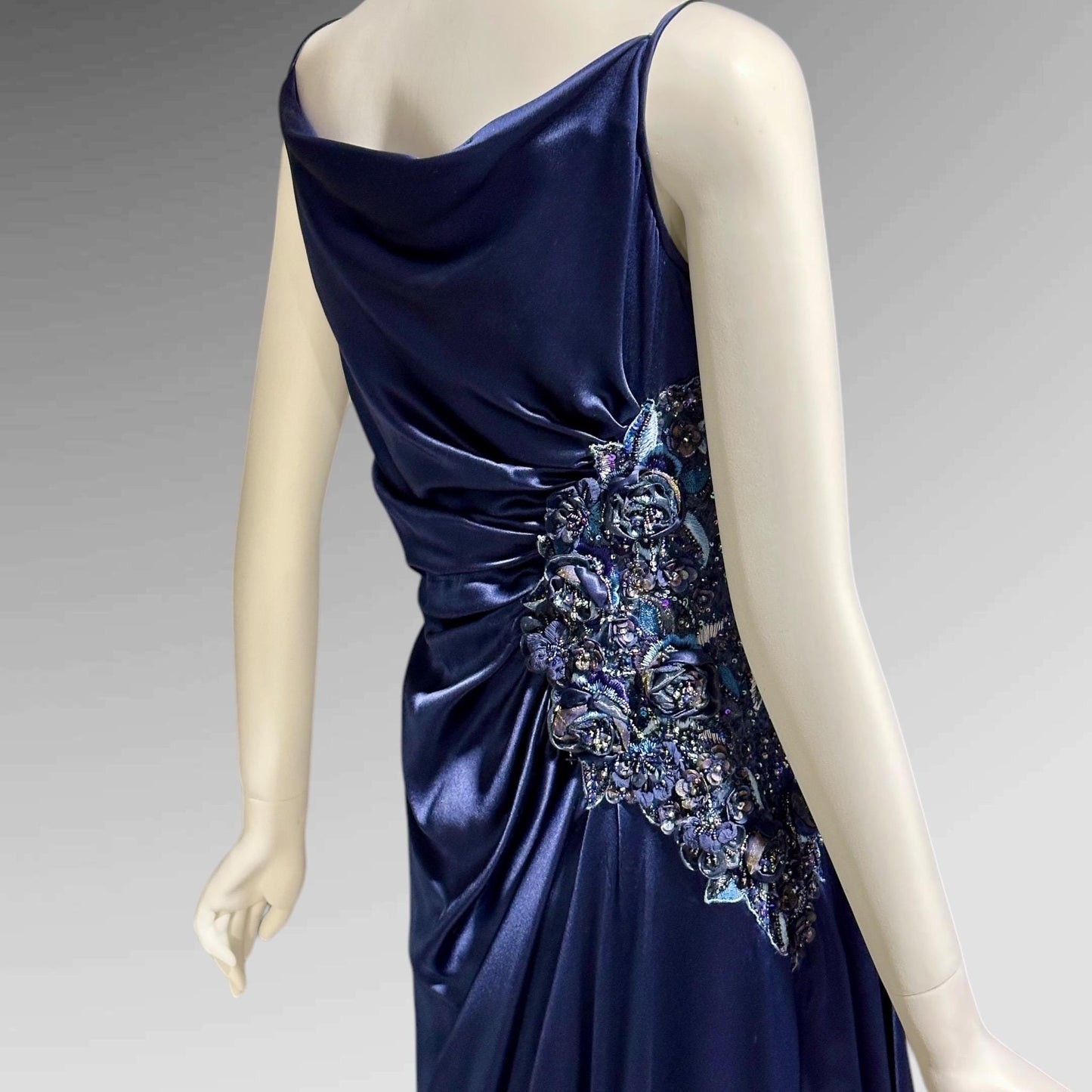 BELLVILLE SASSOON Lorcan Mullany, vintge 1990s evening dress, midnight blue silk beaded sheath slip gown