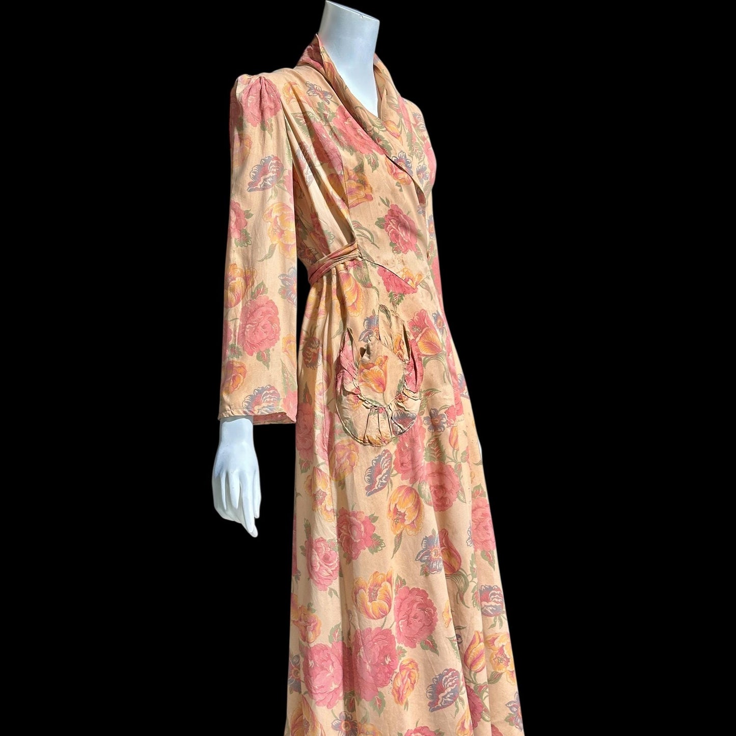 1930s vintage silk chintz floral robe, Dusty pink wrap front long house coat, Rehabilitated Wounded Bird