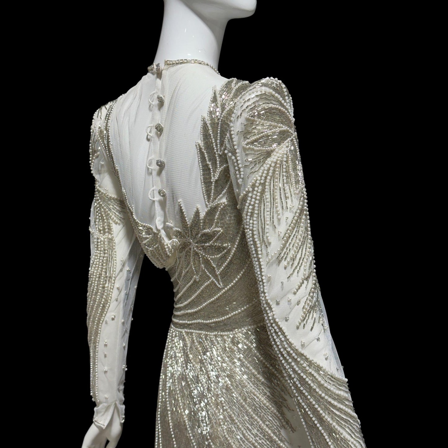 CARLOTA ALFARO, vintage 1970s evening gown dress, White mesh with silver and white beads sheath dress