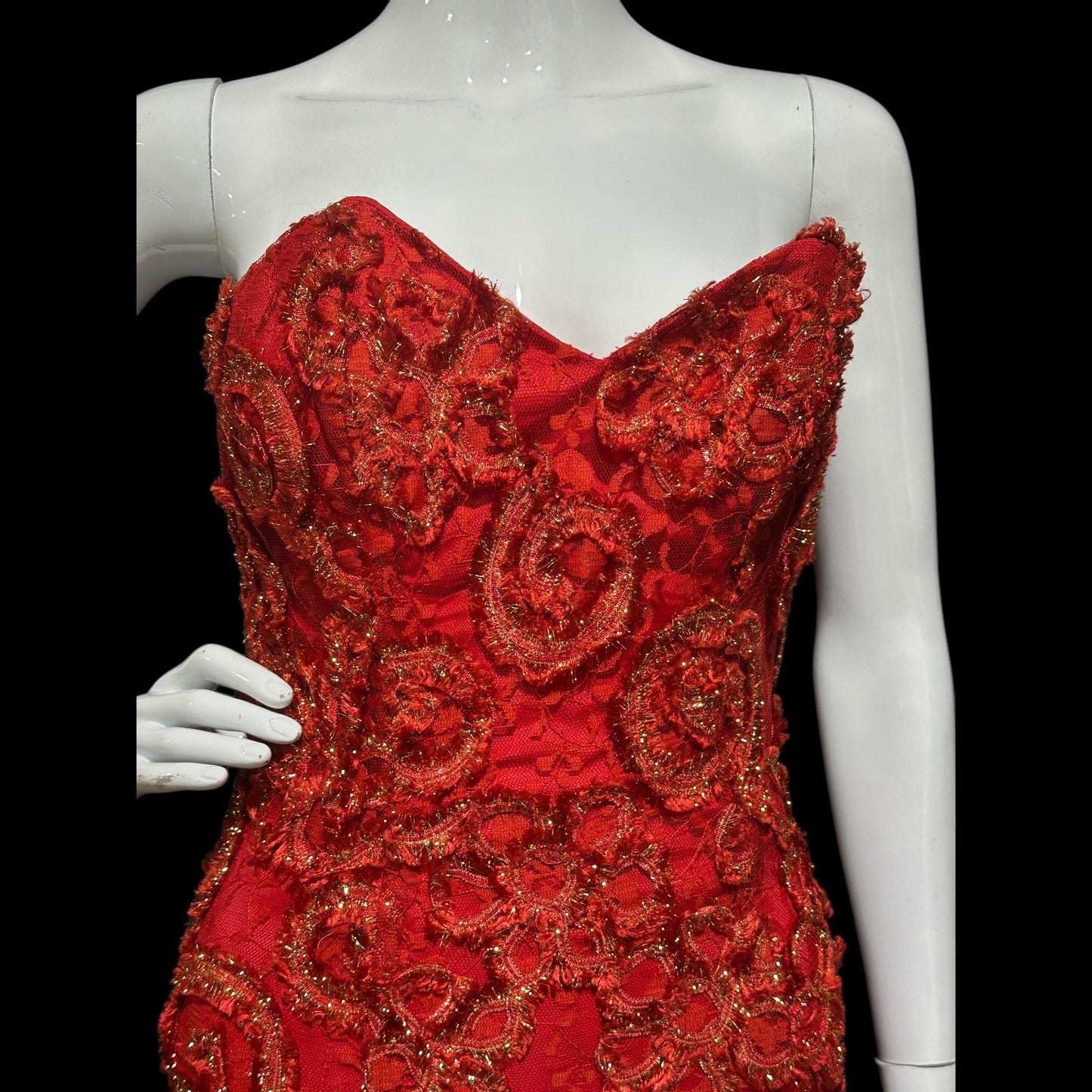 ALYCE DESIGNS, vintage 1980s evening dress, cherry red strapless sheath mermaid gown, bodycon and eyelash lace