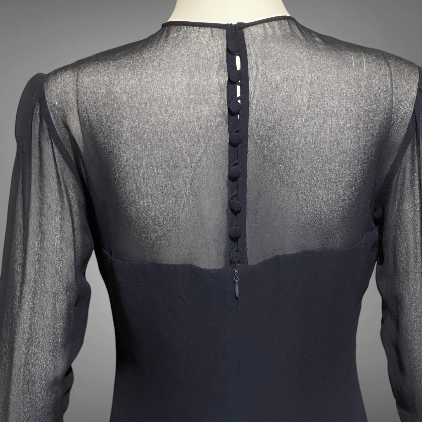 JEAN-LOUIS SCHERRER, vintage 1980s evening cocktail dress, navy blue sheer silk dress